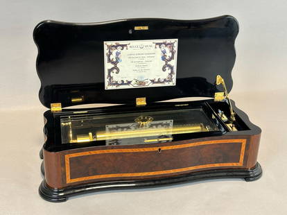 Music box. REUGE. Music A3008. Swiss. Mahogany case.: Approx. 53 cm x 24 cm x 15 cm. Mechanical drum chime clock. Wooden case in mahogany wood. Case and lid inlaid. Wood polished/partially ebonised. With 4 melodies: "Till the End of Time" - Polonaise by