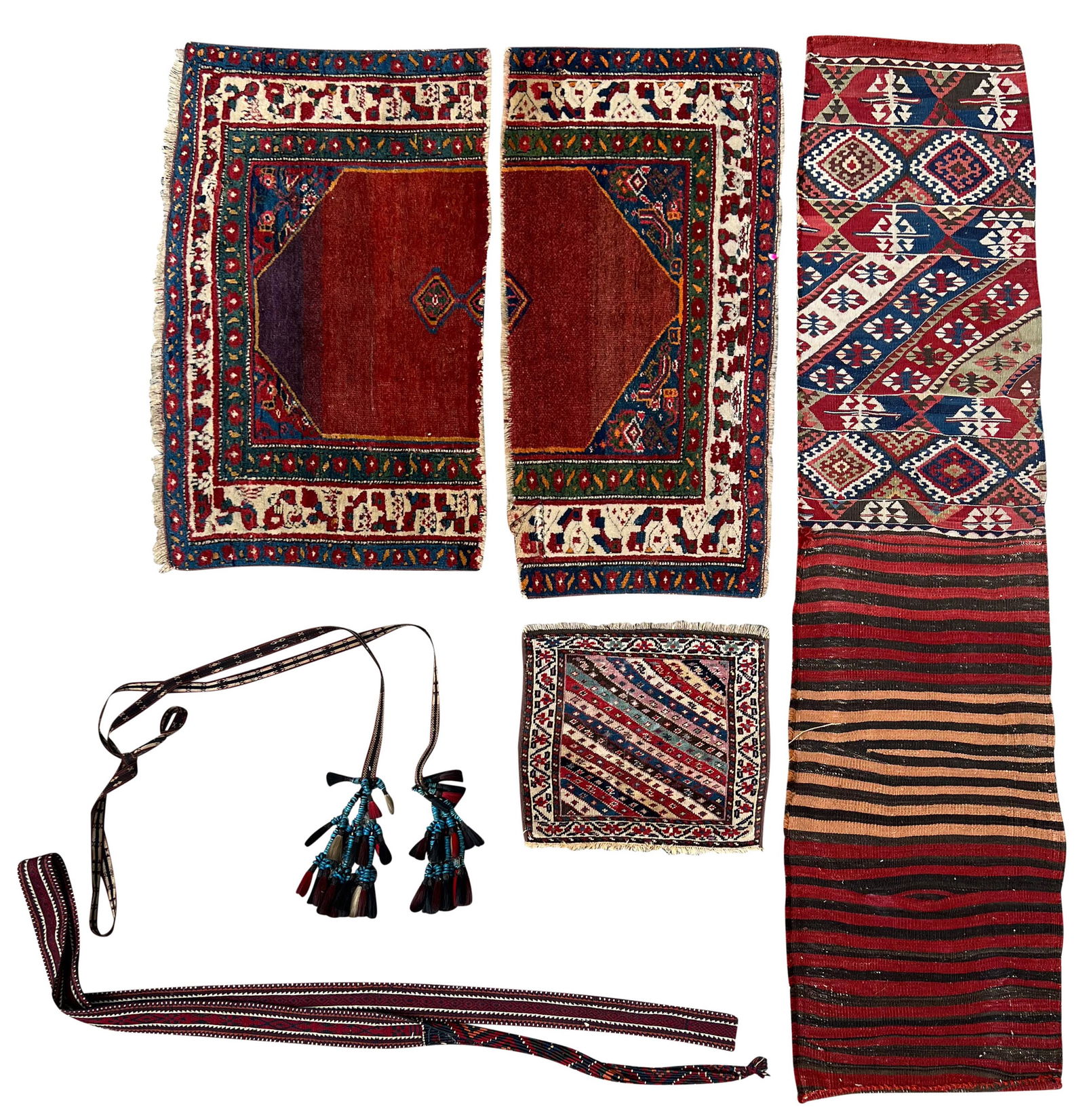 6-piece set. Decorative ribbons. Kilims. Shahsavan bag front. Circa 1900. (1 of 20)