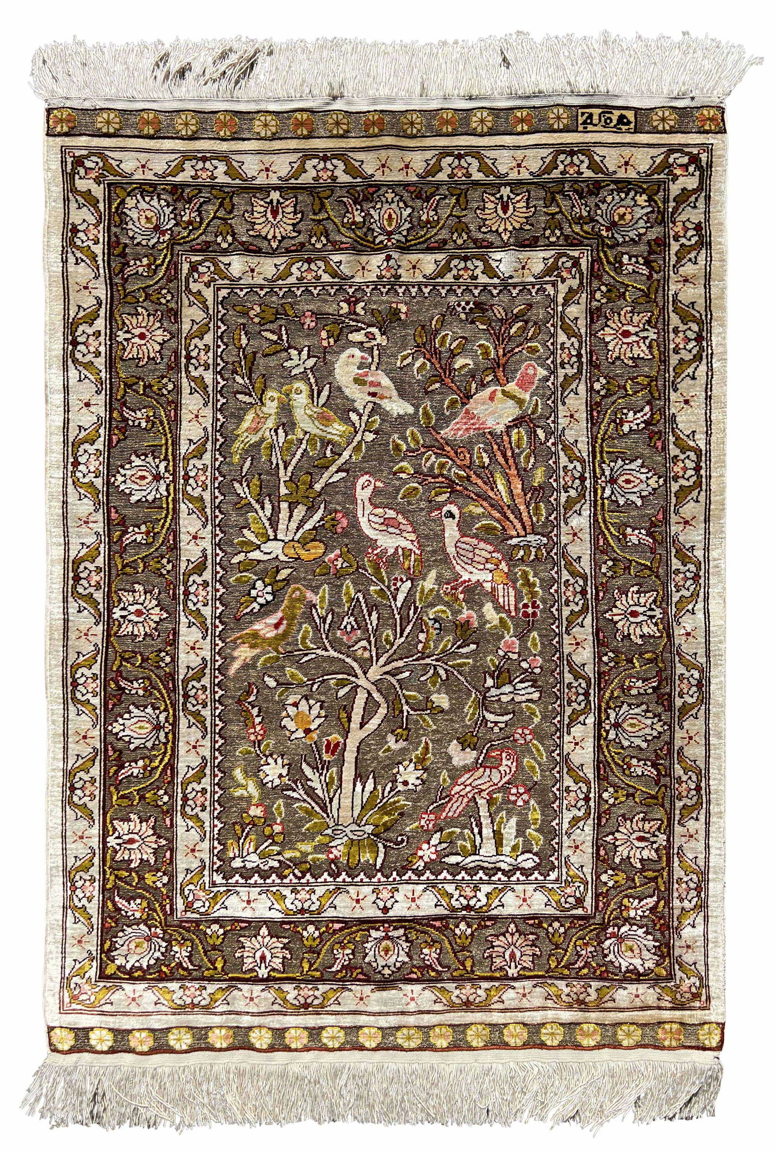 Hereke silk signed. Very fine. Paradise pattern. Metal brocaded. (1 of 10)