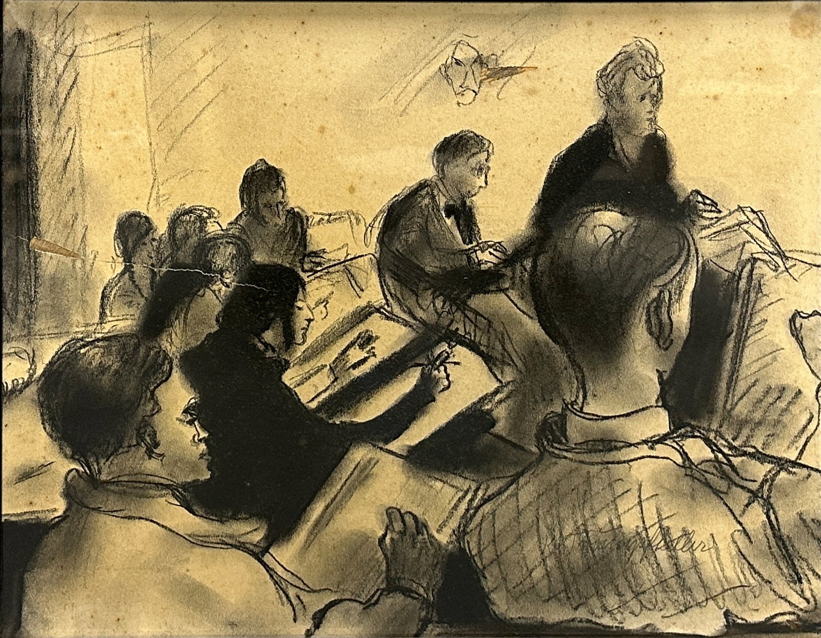 Karl TRUMPFHELLER (1908 - 1967). Studie. Künstlerklasse. | Karl TRUMPFHELLER (1908 - 1967).: Circa 31,5 cm x 38,5 cm das Blatt. Circa 46 cm x 38,5 cm mit Rahmen. Skizze. Kohlezeichnung. Schülerinnen und Schüler beim Malen oder Zeichnen. Unten rechts signiert K. Trumpheller (ehemalig