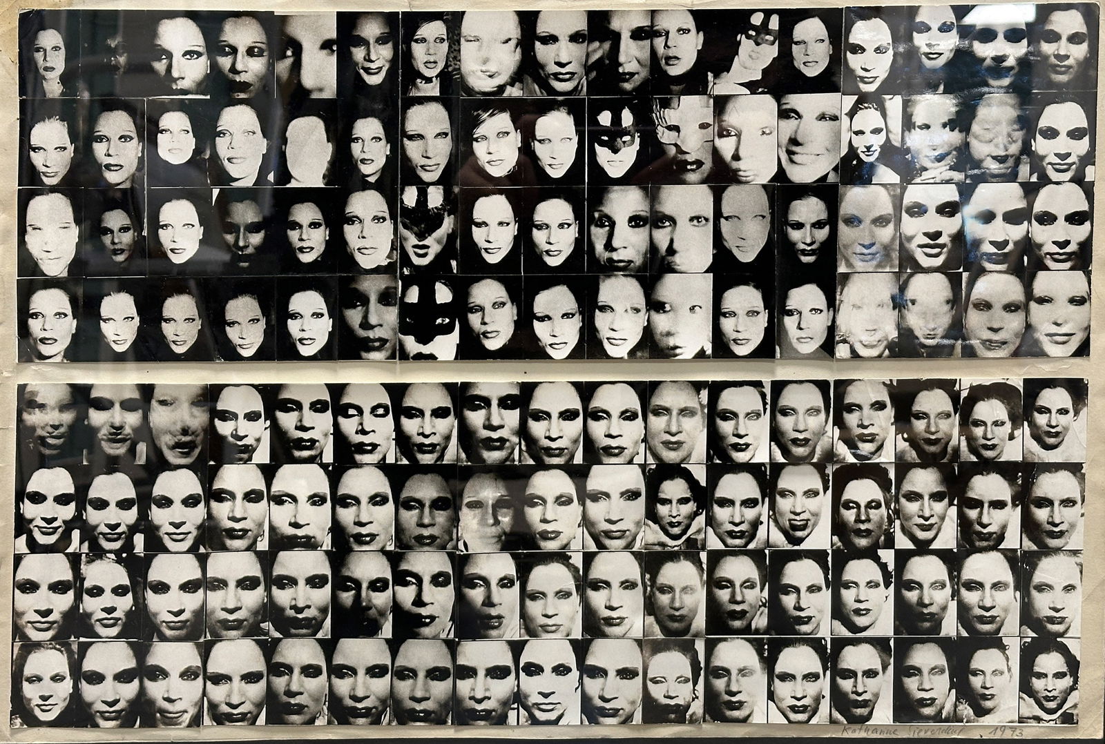 Katharina SIEVERDING (1944). "Transformation". Selbstporträt. 1973. | Katharina SIEVERDING: Circa 15 cm x 46 cm beide Fotoserien. Circa 33 cm x 48 cm das Blatt. Circa 53 cm x 73 cm mit Rahmen. Serielle schwarzweiß-Fotofolge. Originalabzüge. 136 Selbstporträts von Katharina Sie