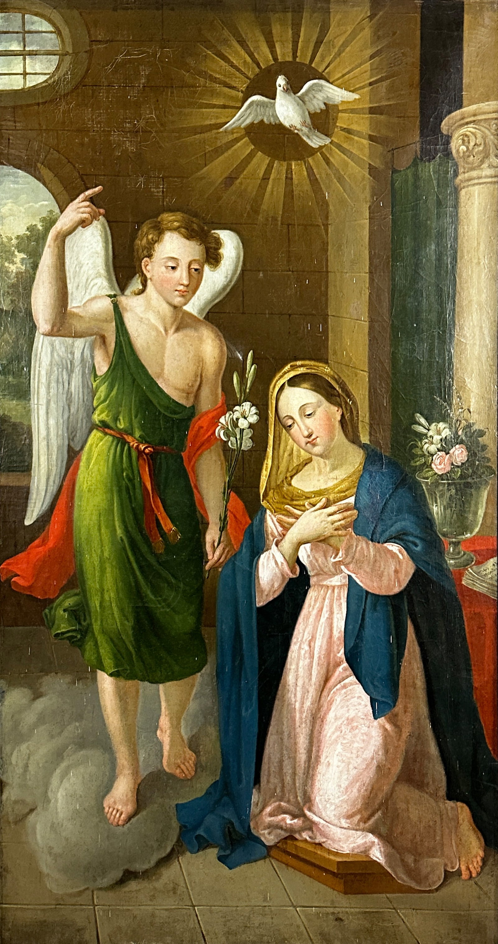 UNSIGNED (XIX). Annunciation to Mary. Italy.: Approx. 130 cm x 70.5 cm. Approx. 139 cm x 79.5 cm. Painting. Oil on canvas. Craquelure. Colour imperfections. Traces of storage. See photos for condition. Category: Paintings / Sacred and folk art- N