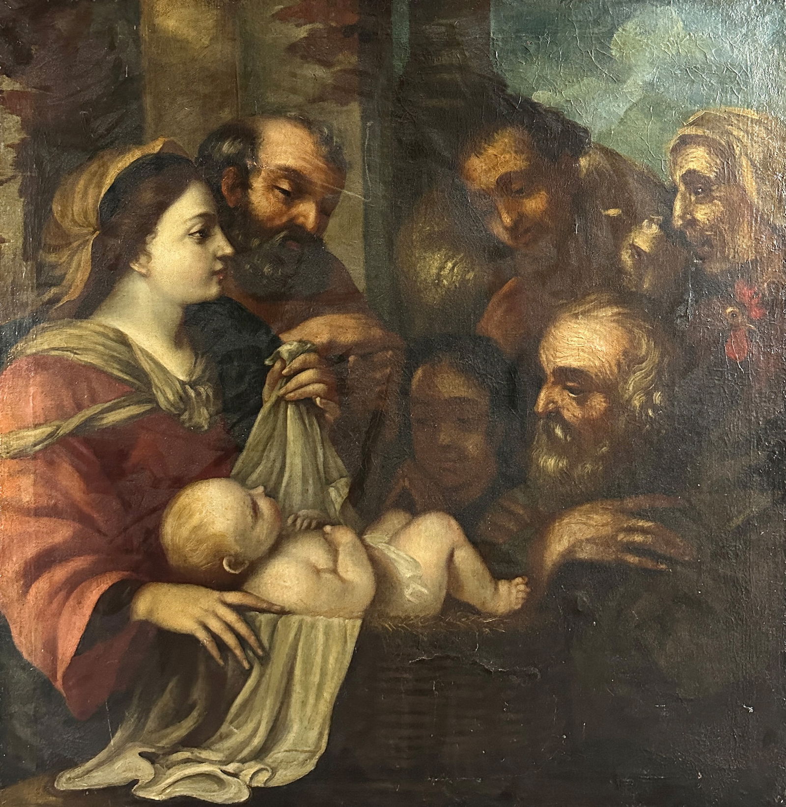 Jacopo PALMA IL GIOVANE (c.1544/48 - 1628) from the circle. "Adoration of the Shepherds". Italy.: Approx. 97 cm x 93 cm. Approx. 102 cm x 97 cm with frame. Painting. Oil on canvas. Old doubling. Old restoration. Craquelure. Colour defects. Approximately 12 cm long (partially restored) tear in the