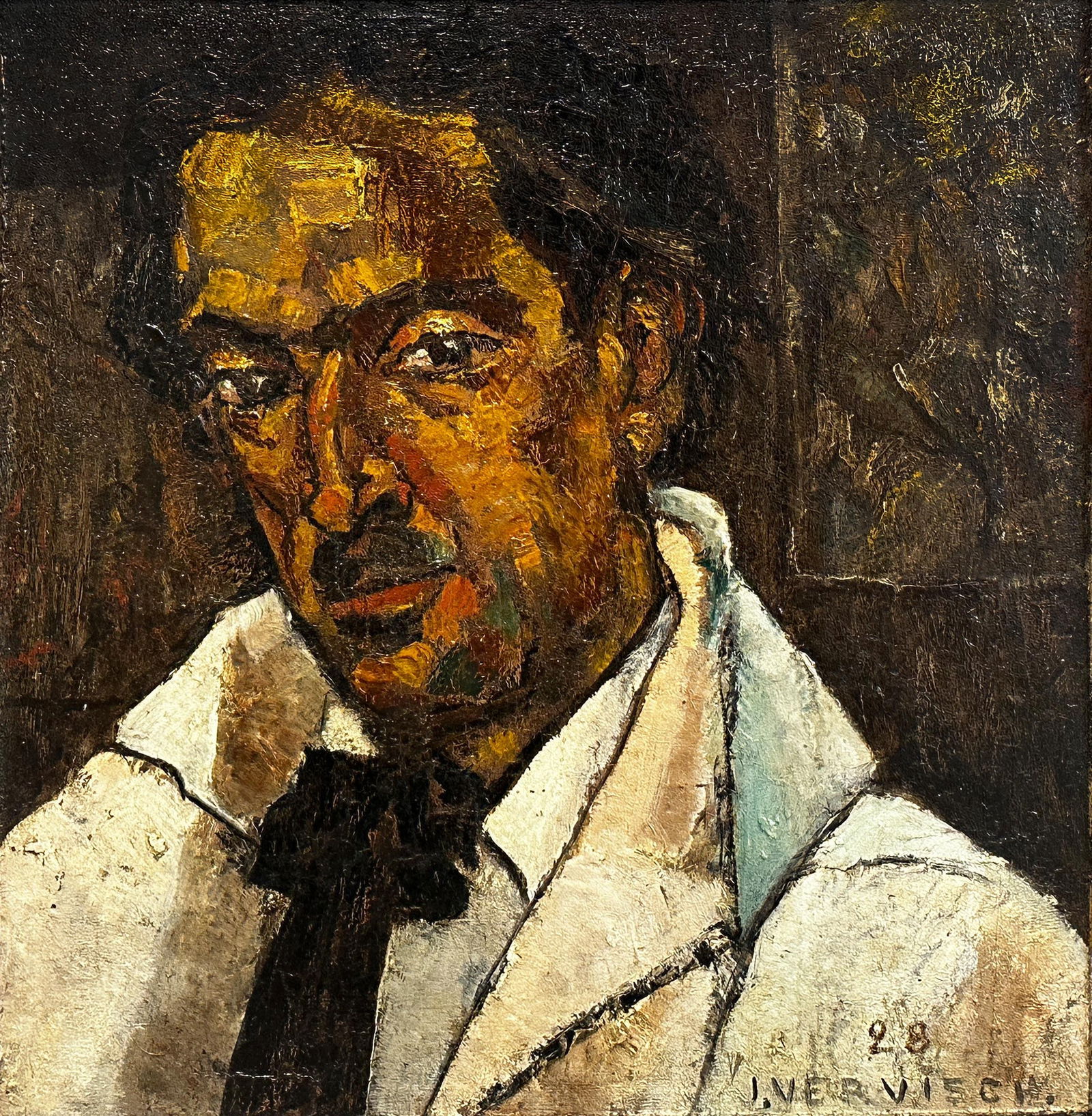 Jean VERVISCH (1896 - 1977). "Self-portrait". Dated 1928.: Approx. 45 cm x 44 cm. Approx. 50 cm x 49 cm with frame. Painting. Oil on wood panel. Signed and dated lower right. Titled on the reverse. See photos for condition.