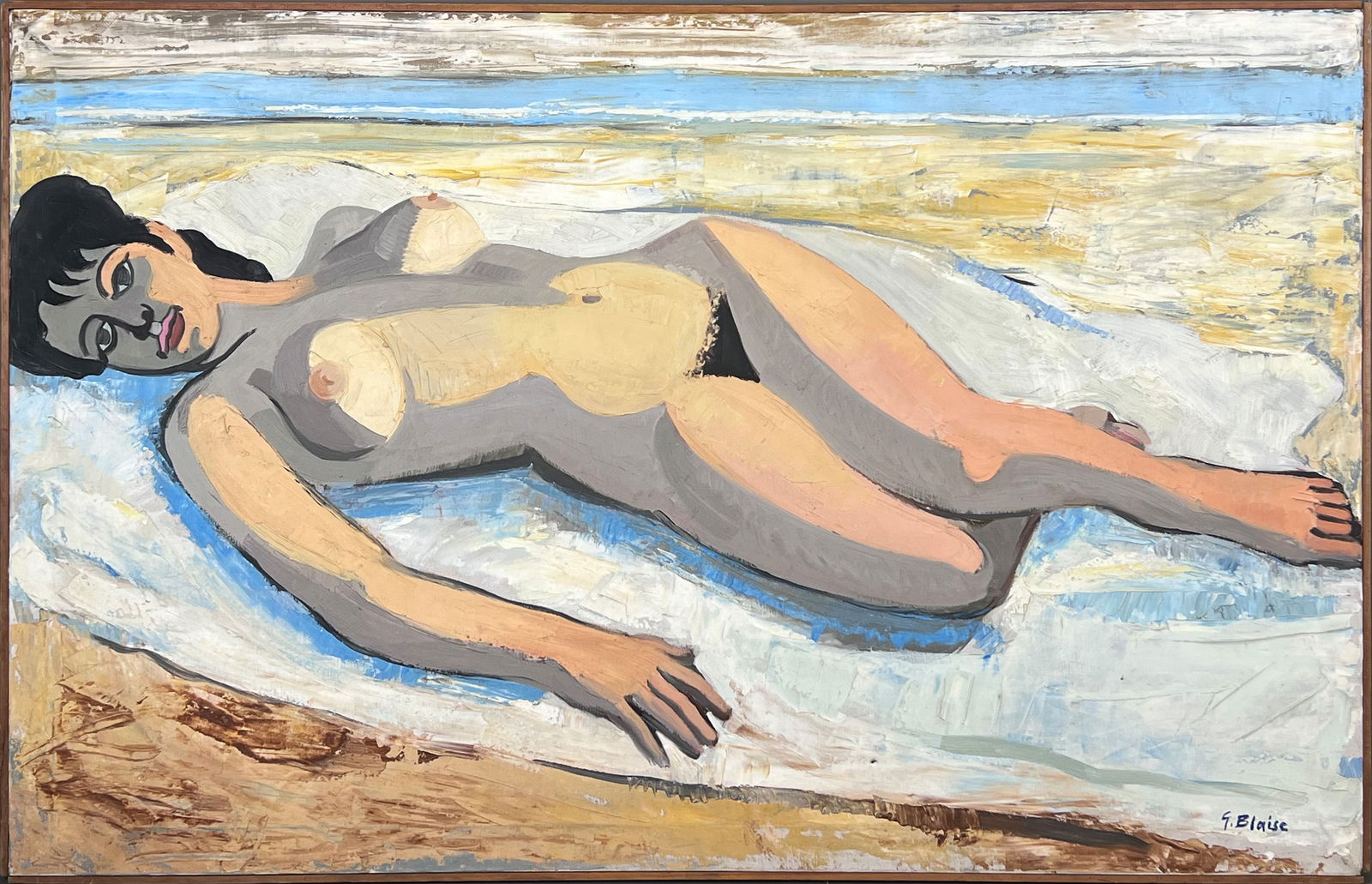 G. BLAISE (XX-?). Reclining female nude.: Approx. 90 cm x 140 cm. Approx. 92 cm x 143 cm with frame. Painting. Oil on canvas. Expressionist depiction of a reclining female body. Signed lower right. An approximately 3 cm long tear in the upper