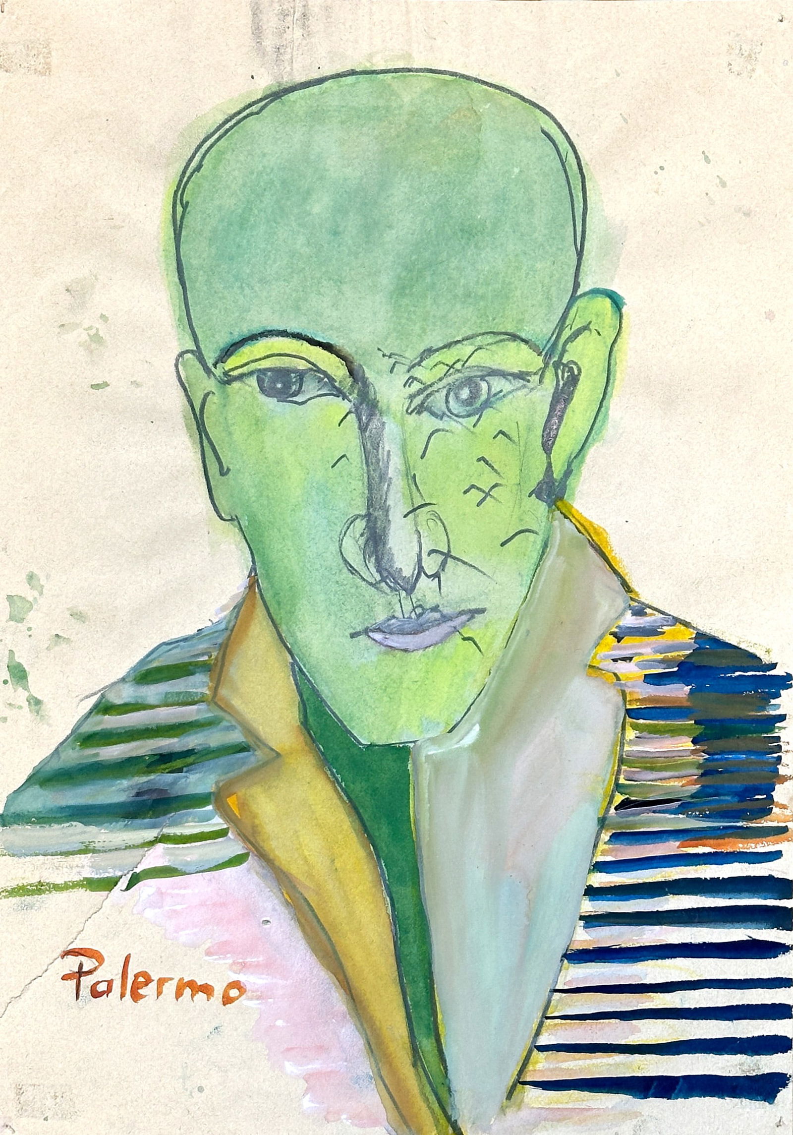 Gislind NABAKOWSKI (1945 - 2023). "Palermo". 1967.: Approx. 29.5 cm x 21 cm. Approx. 35 cm x 25 cm with card. Watercolour. Portrait of Blinky Palermo, painted by his companion, the art historian Gislind Nabakowski. She studied painting with Katharina S