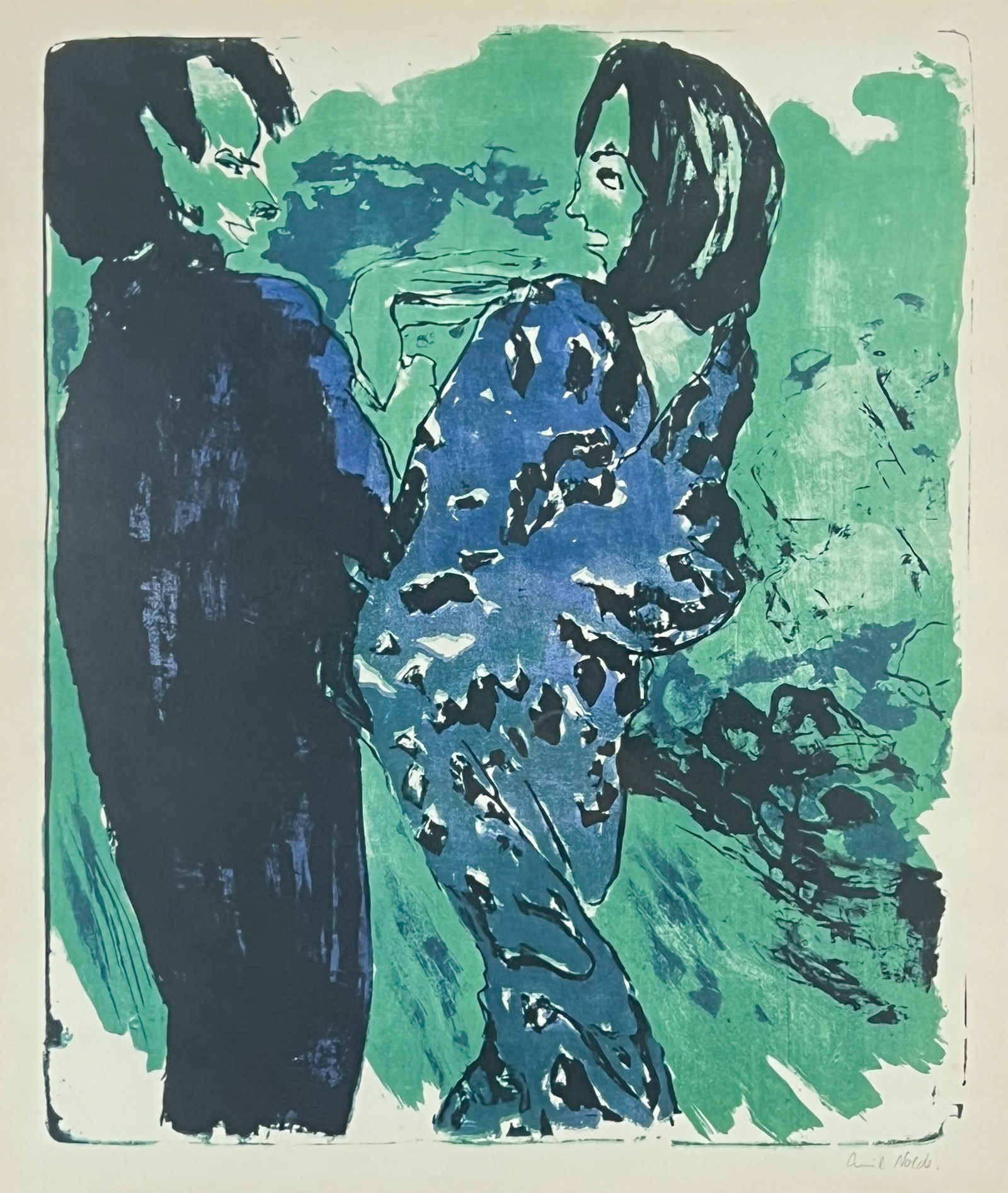 Emil NOLDE (1867 - 1956). "Junges Paar". 1906er Jahre.: Circa 63 cm x 53 cm der Ausschnitt. Circa 91 cm x 77 cm mit Rahmen. Farblithographie. Darstellung eines jungen Paares. Unten rechts Drucksignatur. Original von 1913. Rahmen leicht berieben. Zustand si