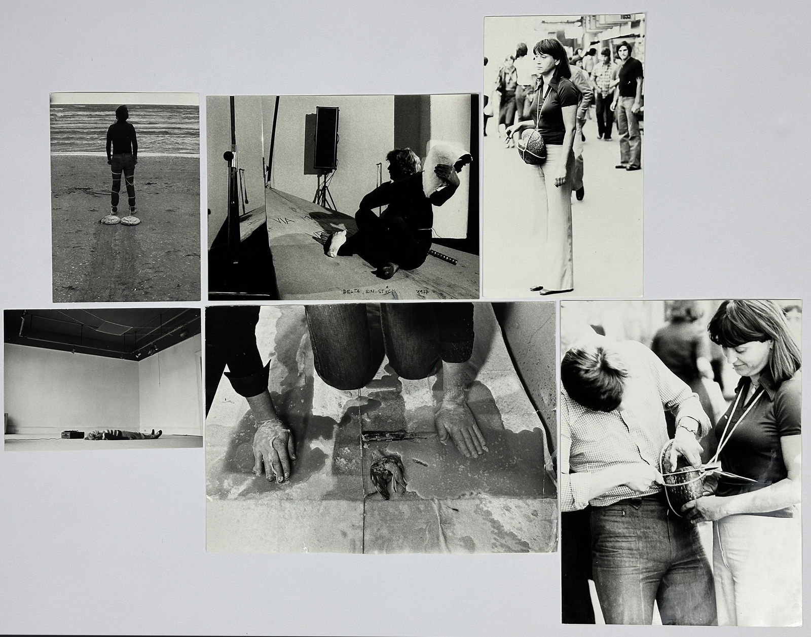 Valie EXPORT (1940). 6 Fotografien. 1970er Jahre.: Von circa 12 cm x 17 cm der kleinste Abzug bis circa 21,5 cm x 31 cm der größte Abzug. Schwarzweiß-Fotografie. 6 Dokumentationsfotografien. Rückseitig mit Atelierstempel der ö