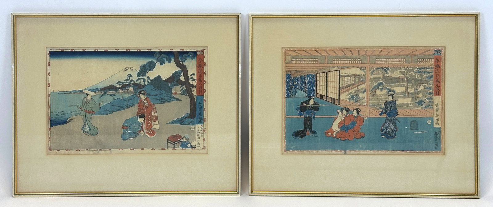 Kunisada UTAGAWA (1786 - 1865). Fusatane UTAGAWA (c.1850 - 1880). 2 Holzschnitte. Japan.: Circa 24 cm x 35,5 cm der Ausschnitt. Circa 40,5 cm x 50,5 cm mit Rahmen. Farbholzschnitt. Japan. Darstellung Fusatane Utagawa: "Ima-sama Chushingura 9. Dan". Darstellung Kunisada Utagawa: Tempelleben