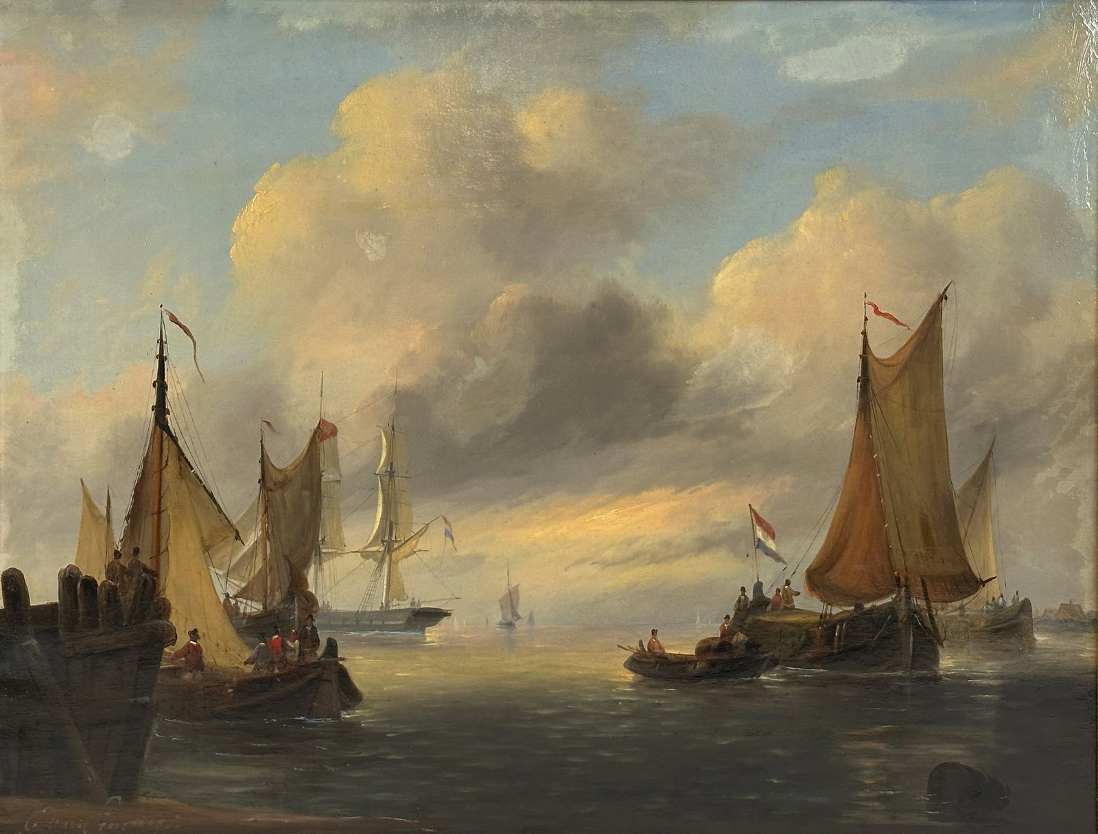 Govert VAN EMMERIK (1808 - 1882). Sailing ships on a calm sea.: Circa 57 cm x 72 cm. Circa 69 cm x 85,5 cm mit Rahmen. Gemälde. Öl auf Leinwand. Darstellung von Segelschiffen und Booten, teils unter niederländischer Flagge. Unten links signiert. R&#