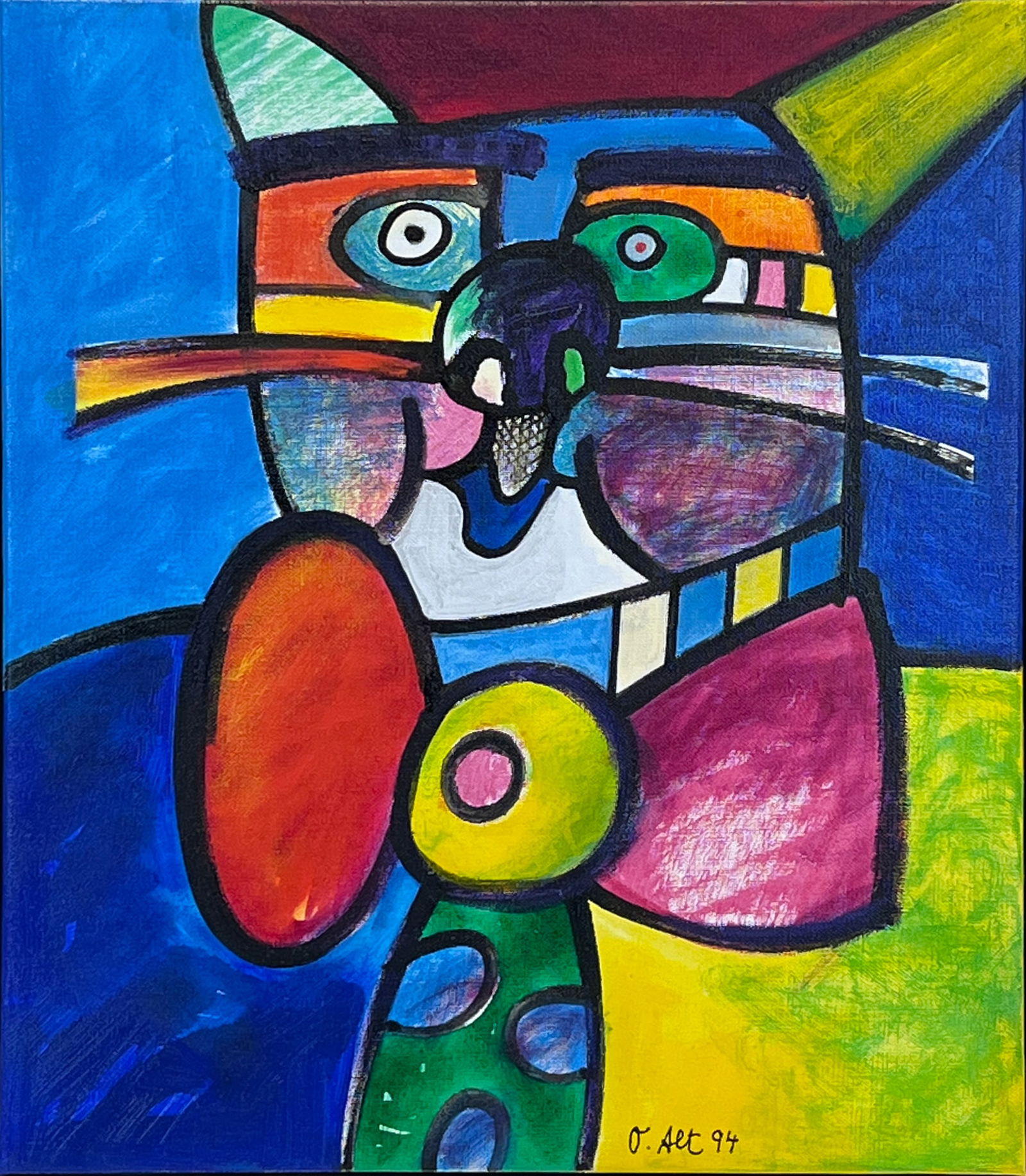 Otmar ALT (1940). "The board of directors". 1994.: Circa 40 cm x 35 cm. Circa 53 cm x 48 cm mit Rahmen. Gemälde. Acryl auf Leinwand. Darstellung einer abstrakten Katze mit Schlips. Unten rechts signiert und datiert "(19)94". Rückseitig handschriftli