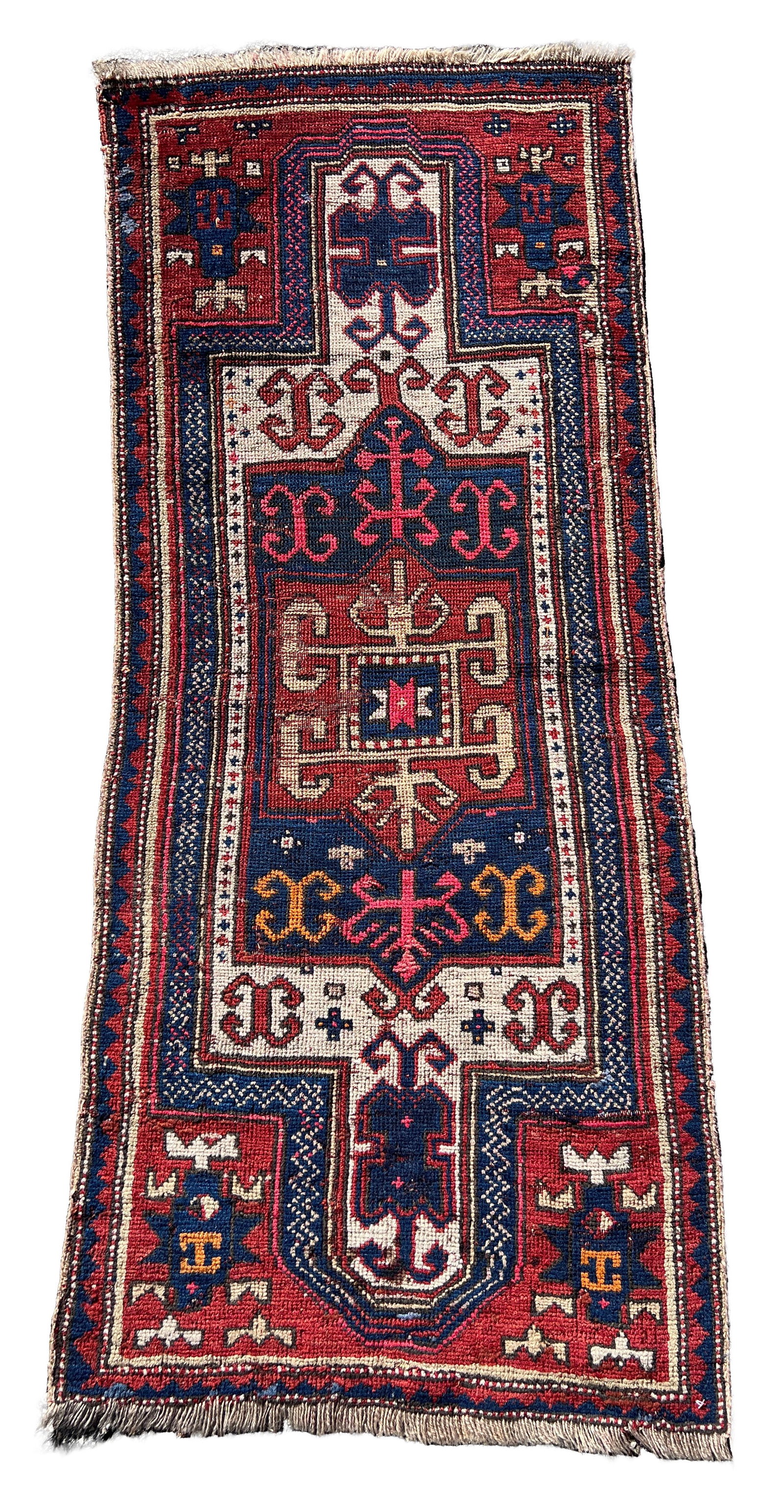 Kazak. Caucasus. Approximately 147 cm x 66 cm. Circa 1900.: Orientteppich. Handgeknüpft. Wolle auf Wolle. Stellenweise dünn im Flor. Grundgewebe teils sichtbar. Gebrauchsspuren. Zustand siehe Fotos. Kategorie: Teppiche und Textilien Oriental rug. Han