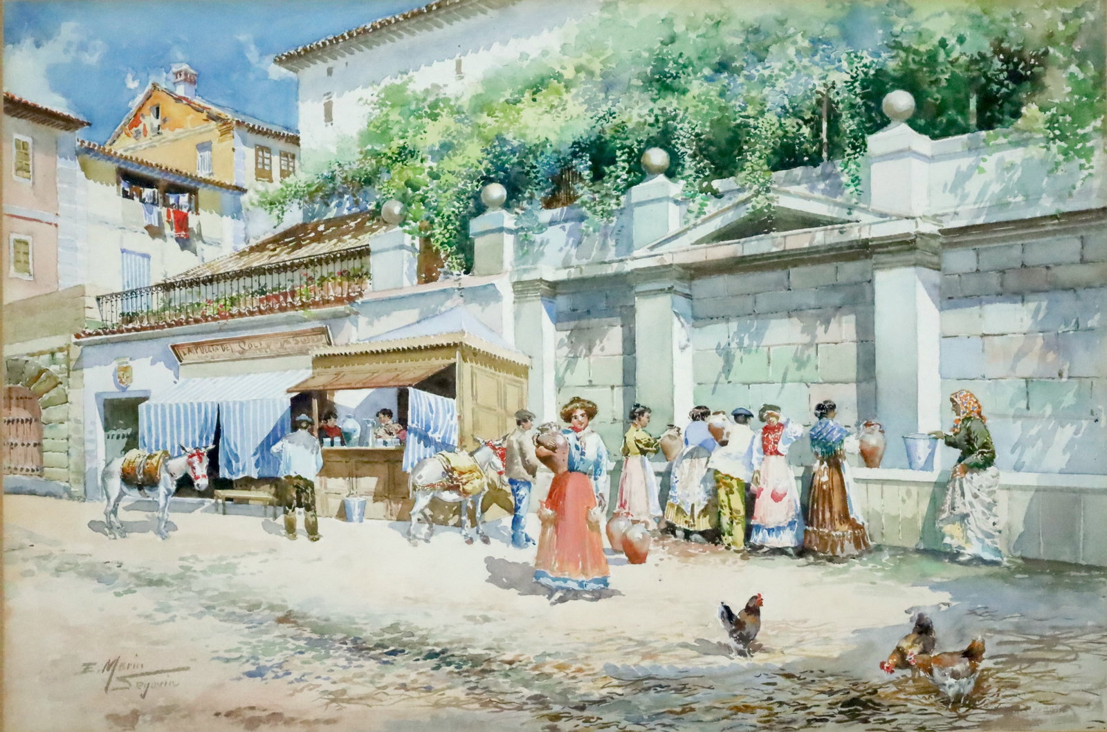 Émile MARIN (1876 - 1940). ''Öffentlicher Brunnen''. Segovia. Émile MARIN (1876 - 1940).: Approx. 32 cm x 48 cm the cut-out. Approx. 57 cm x 72 cm with frame. Watercolour on paper. Village scene with women and men in Spanish dress drawing water from a well. Signed and inscribed ‘Sego