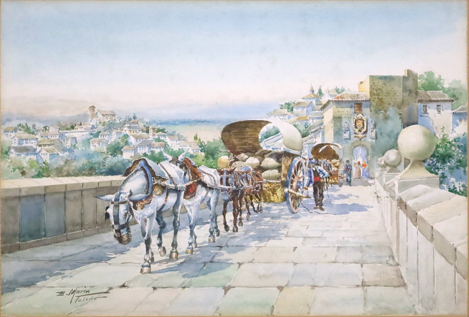 Émile MARIN (1876 - 1940). Pferdekarren in Toledo. Émile MARIN (1876 - 1940). Horse-drawn cart in: Approx. 32 cm x 48 cm the cut-out. Approx. 57 cm x 72 cm with frame. Watercolour on paper. Depiction of horse-drawn carts with staffage of people transporting sacks on a street in Toledo, Spain. Signe