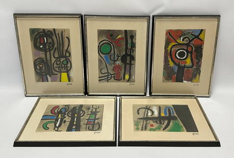 Joan MIRO (1893 - 1983). 5 Graphiken. "Oiseau"-Serie. 1965. Joan MIRO (1893 - 1983). 5 prints.: Approx. 37 cm x 46 cm. Approx. 39.5 cm x 48.5 cm with frame. Colour lithographs with pochoir on wove paper. Abstract colour compositions. Reprints probably from the 1970s. Each with stamp signature &#