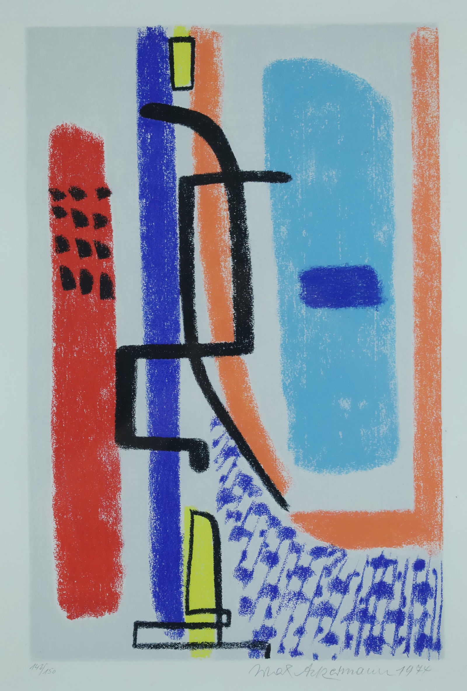 Max ACKERMANN (1887 - 1975). "Klangprofile". 1974. Max ACKERMANN (1887 - 1975). 'Klangprofile'.: Approx. 70 cm x 50 cm. Approx. 72 cm x 57 cm with frame. Colour silkscreen. Abstract colour composition. Signed and dated ‘(19)74’ in pencil lower right. Numbered lower left: 142/150. Fram