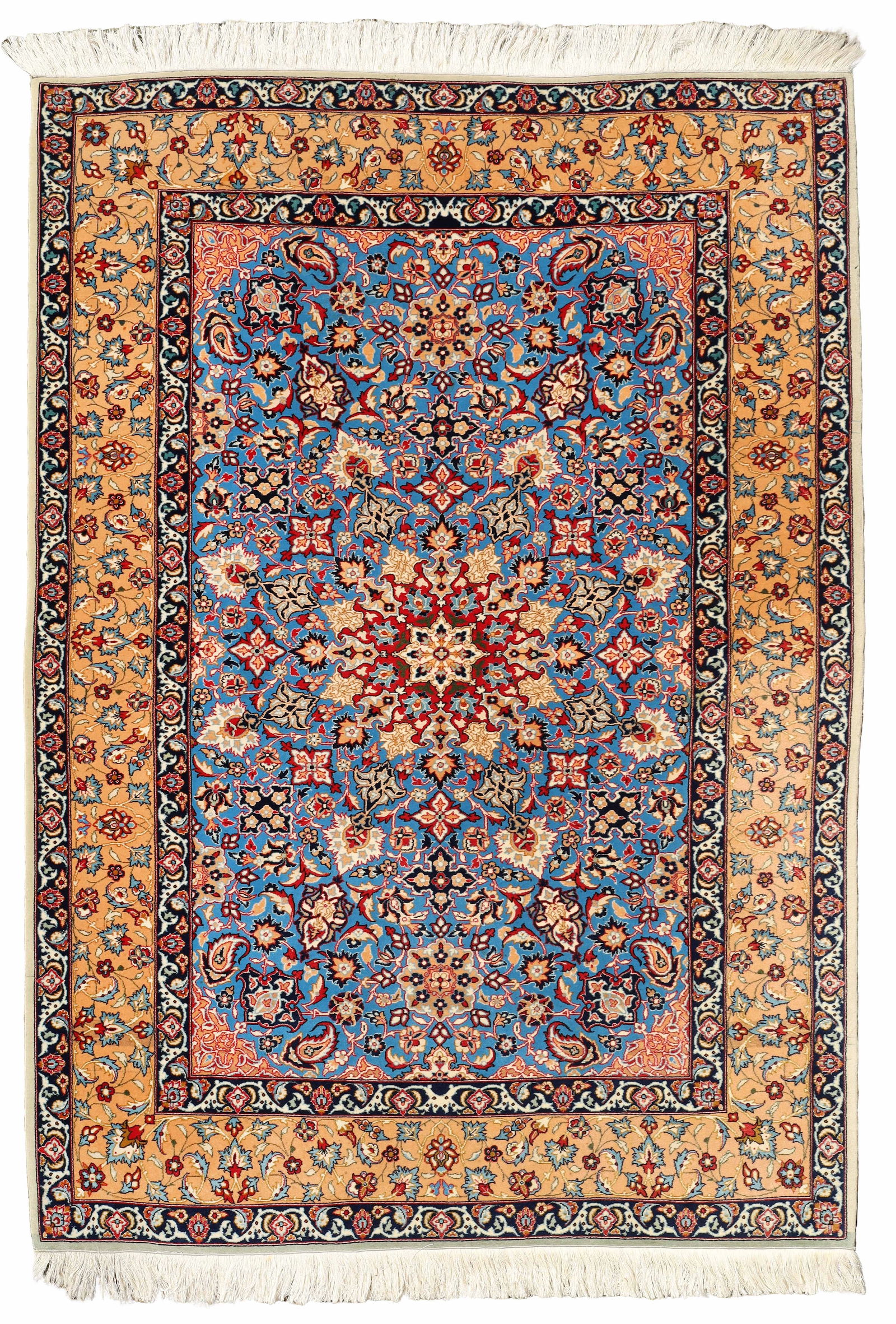 Isfahan. Fein. Circa 158 cm x 112 cm. Circa 40 Jahre alt. Isfahan. Fine. Approx. 158 cm x 112 cm.: Oriental carpet. Iran. Persian carpet. Hand-knotted. Cork wool with silk on silk. Condition as shown in photos. Category: Carpets and textiles