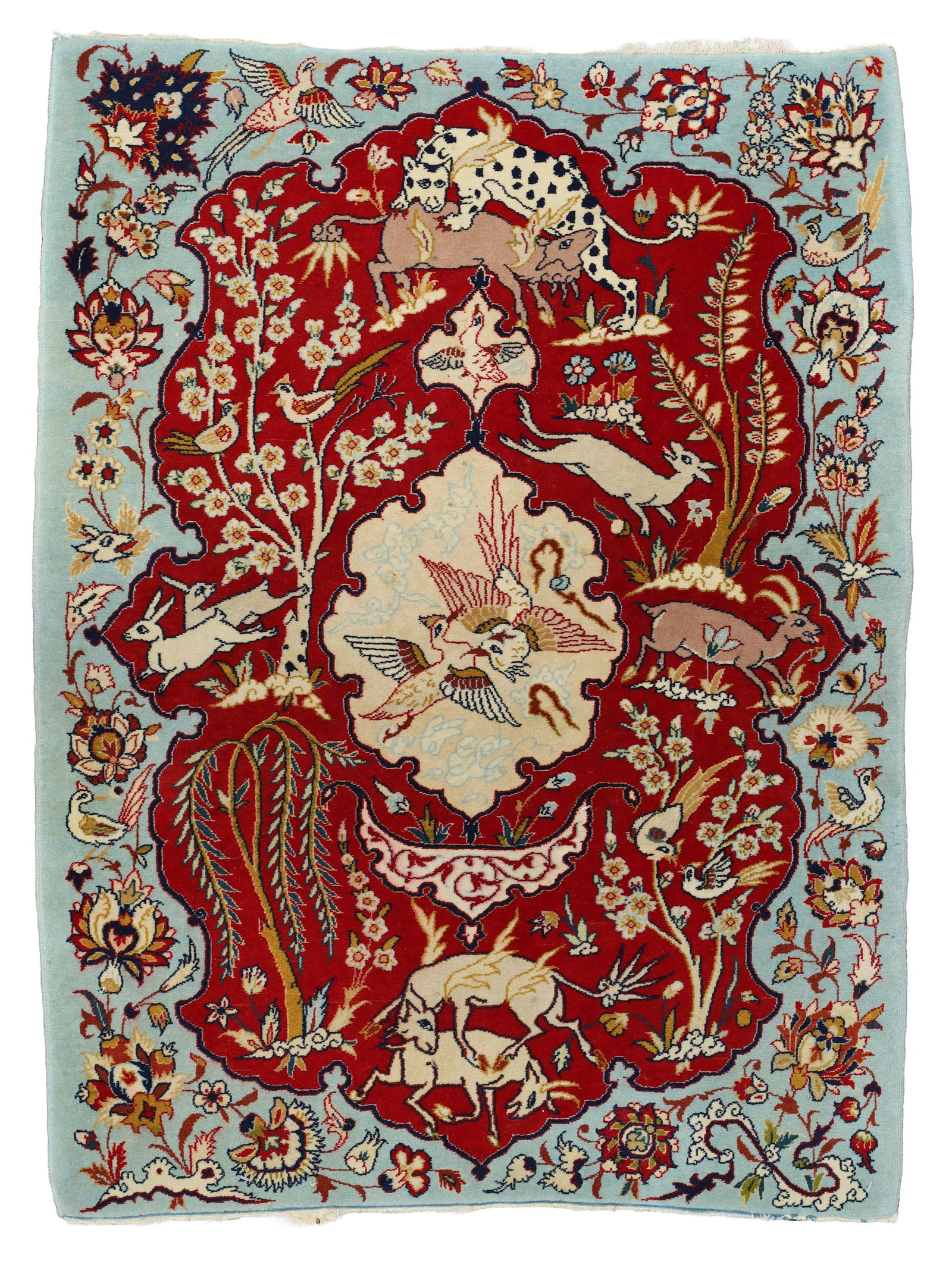 Isfahan Fein. Jagd-Motiv. Circa 83 cm x 63 cm. Um 1960. Isfahan Fine. Hunting motif. Approx. 83 cm x: Oriental carpet. Iran. Persian carpet. Hand-knotted. Cork wool on silk, decorated with silk. Tapestry. Signs of wear consistent with age. Condition as shown in photos. Category: Carpets and textiles