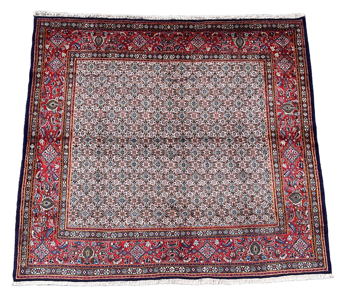 Moud. Approx. 186 cm x 198 cm. Around 1980.: Oriental carpet. Iran. Persian carpet. Hand-knotted. Wool on cotton. Condition as shown in photos. Category: Carpets and textilesProvenance: Carpet comes from a business closure. It has been washed an