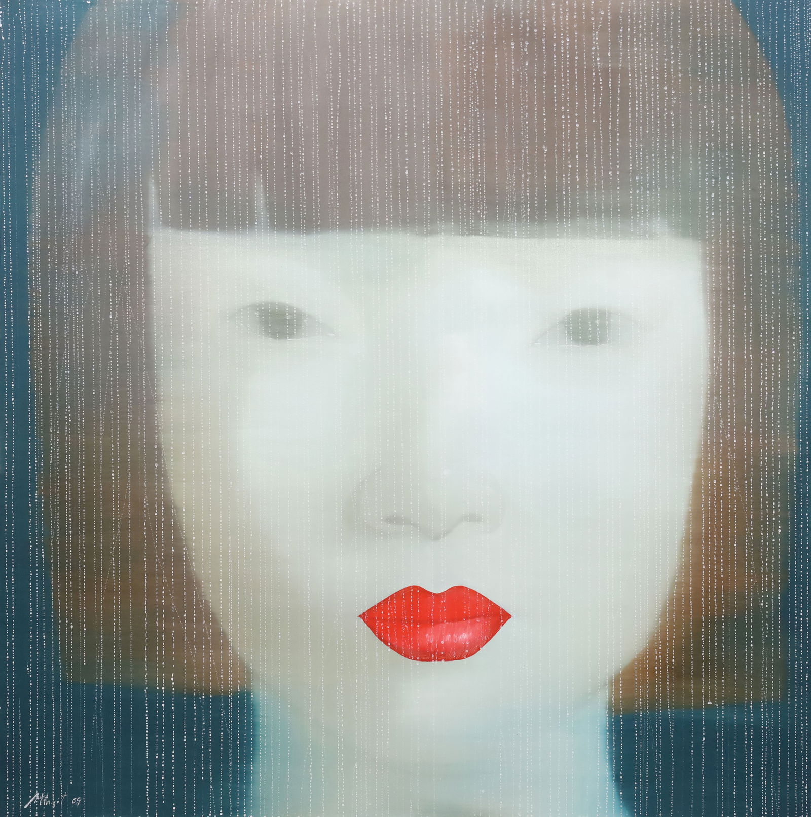 Attasit POKPONG (1977). Portrait of a woman. Untitled.: Approx. 121 cm x 120 cm. Painting. Oil on canvas, on stretcher frame. Depiction of a stylised woman's head/portrait with a reduced facial expression and red accentuated lips against a petrol-coloured