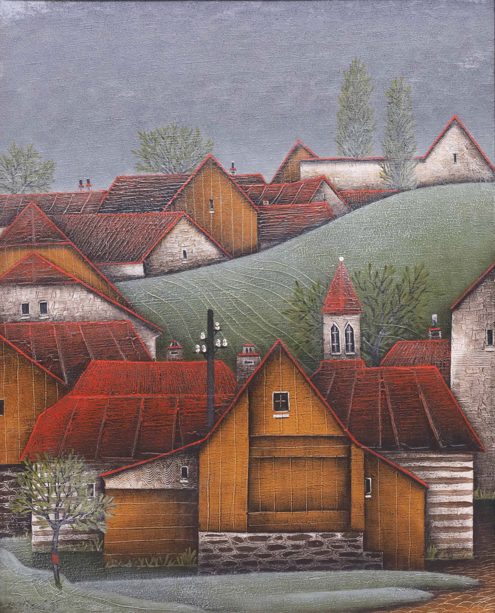 Bohumil VRZAL (1940–2014). Suburban View. 1995.: Approx. 55 cm x 45 cm. Approx. 56.5 cm x 46.5 cm with frame. Painting. Oil on canvas. Depiction of houses, electricity pylon and trees, probably in Czechia, the artist's homeland. Signed and dated 