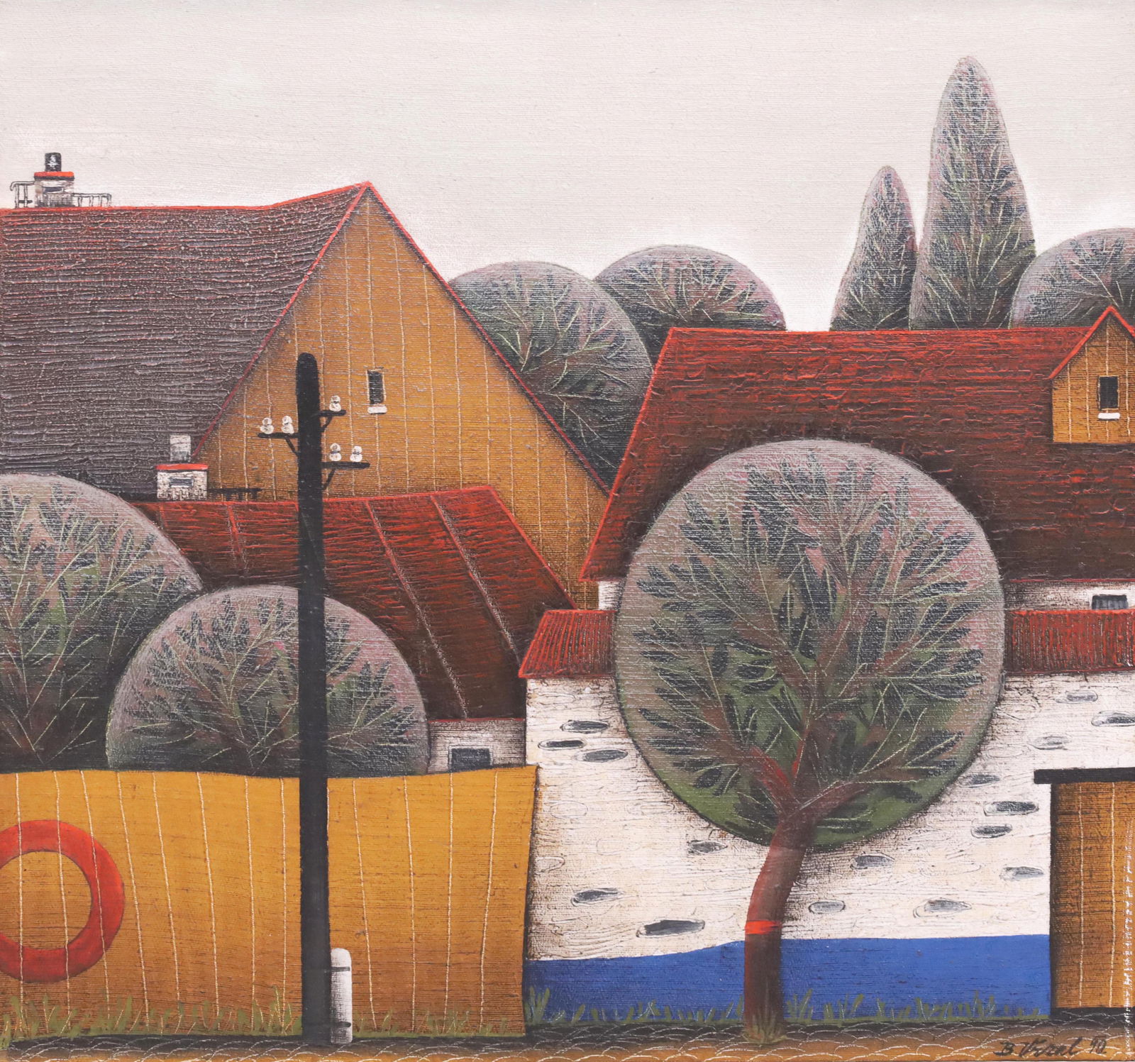 Bohumil VRZAL (1940–2014). Houses with Trees. 1990.: Approx. 48 cm x 52 cm. Approx. 49.5 cm x 53.5 cm with frame. Painting. Oil on canvas. Depiction of houses, electricity pylon and trees, probably in Czechia, the artist's homeland. Signed and dated 