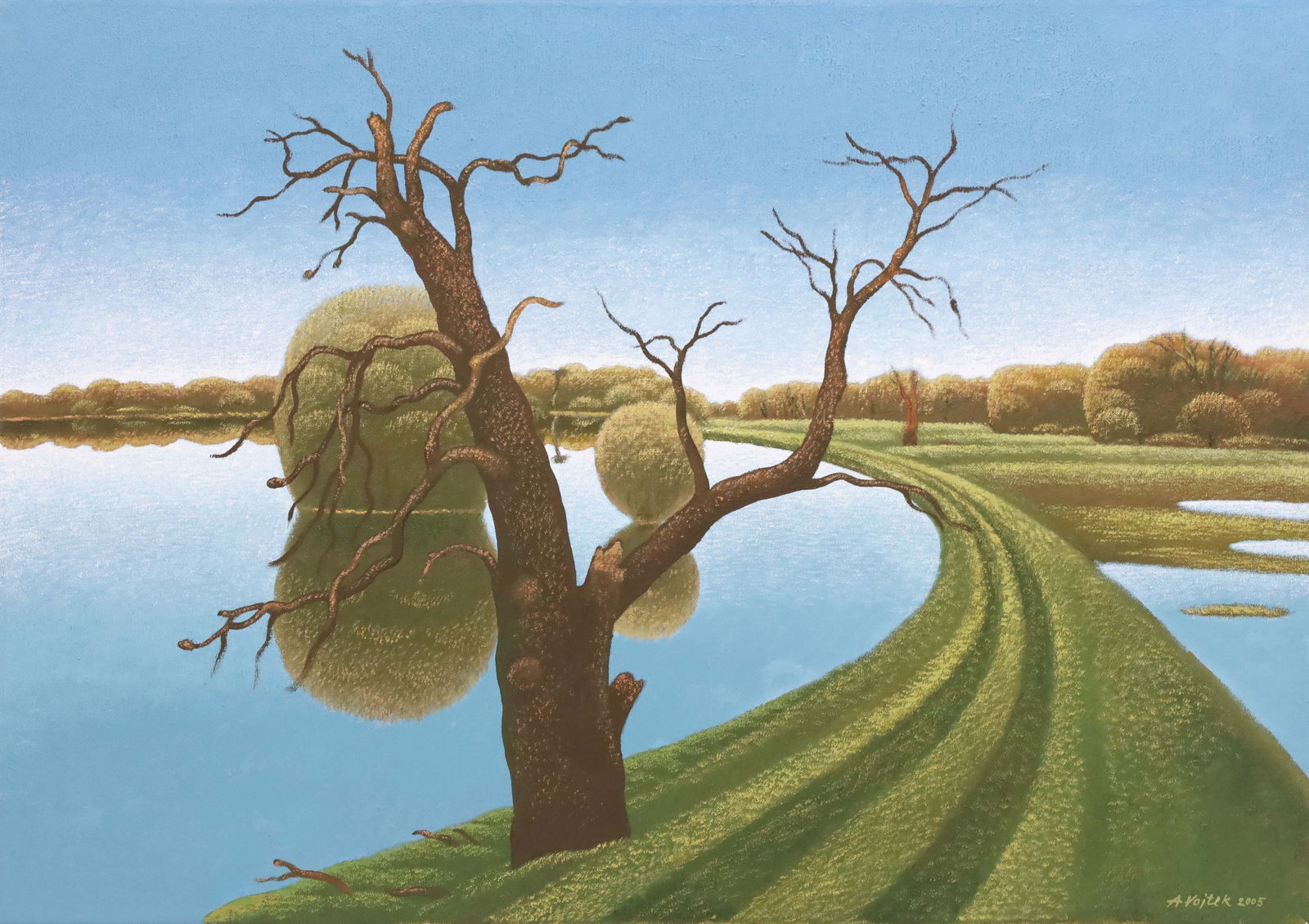 Antonín VOJTEK (1934). Seascape. 2009.: Approx. 55 cm x 60 cm. Approx. 58.5 cm x 82 cm with frame. Painting. Oil on canvas. Depiction of a river landscape in South Moravia in Czechia, lined with trees and flowers in the foreground. Signed a