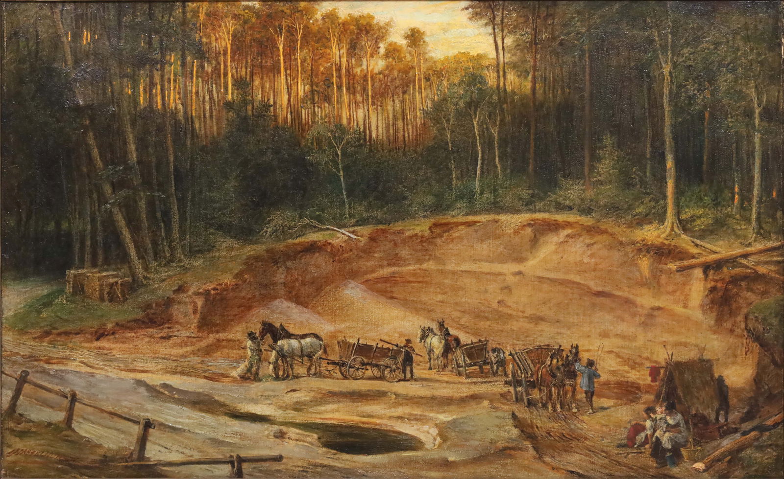 Johann Heinrich HASSELHORST (1825–1904). Transporting stones in the forest.: Approx. 34 cm x 54 cm. Approx. 45.5 cm x 65.5 cm with frame. Painting. Oil on canvas. Depiction of stone transport on horse-drawn carts in a quarry in the forest. In the foreground on the right, figur