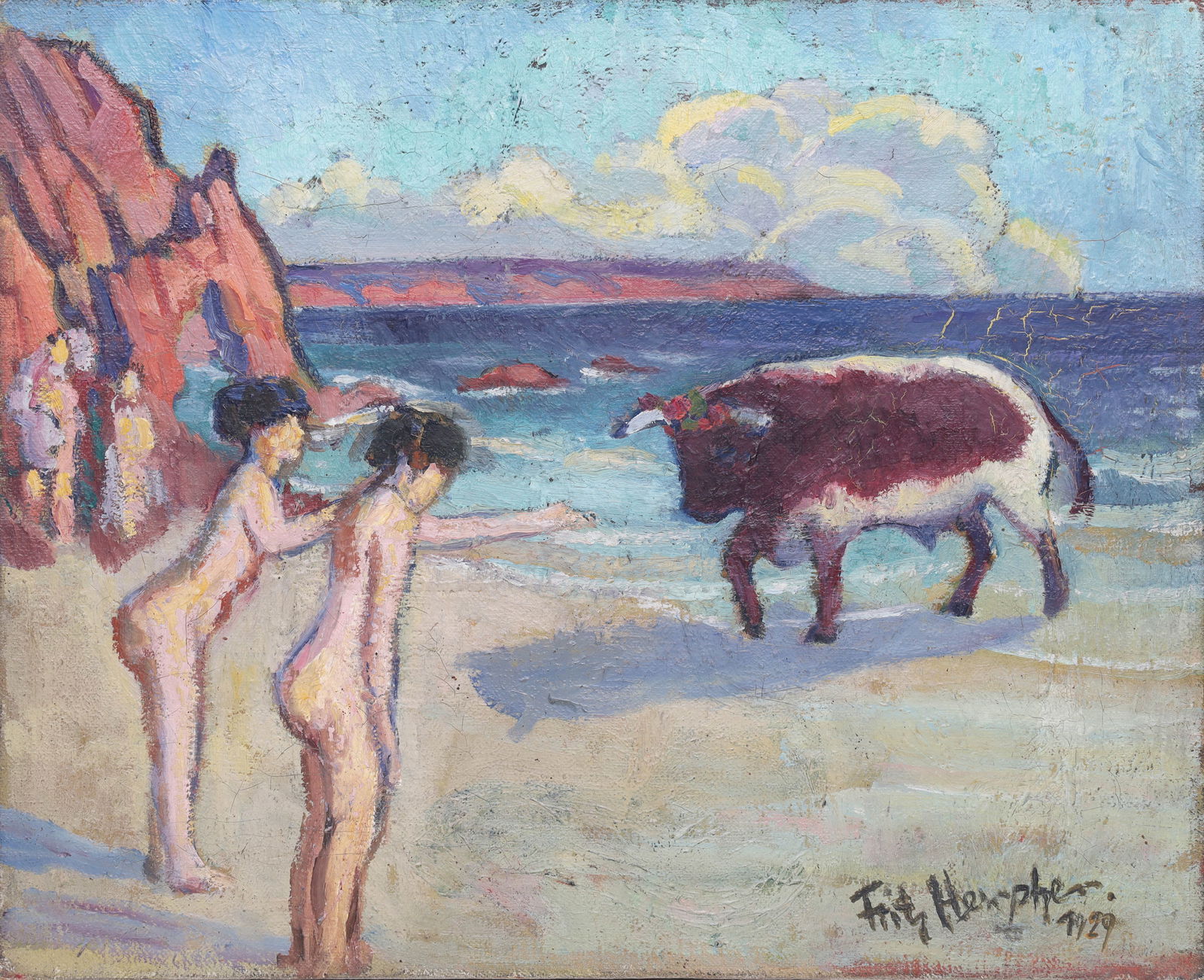 Fritz HERPFER (1883–1936). Europa and Zeus on the Beach.: Approx. 46 cm x 38 cm. Painting. Oil on canvas. Depiction of Europa and Zeus in the form of a bull on the beach of Crete. Signed and dated ‘1929’ at the bottom right. Heavily craquelured.