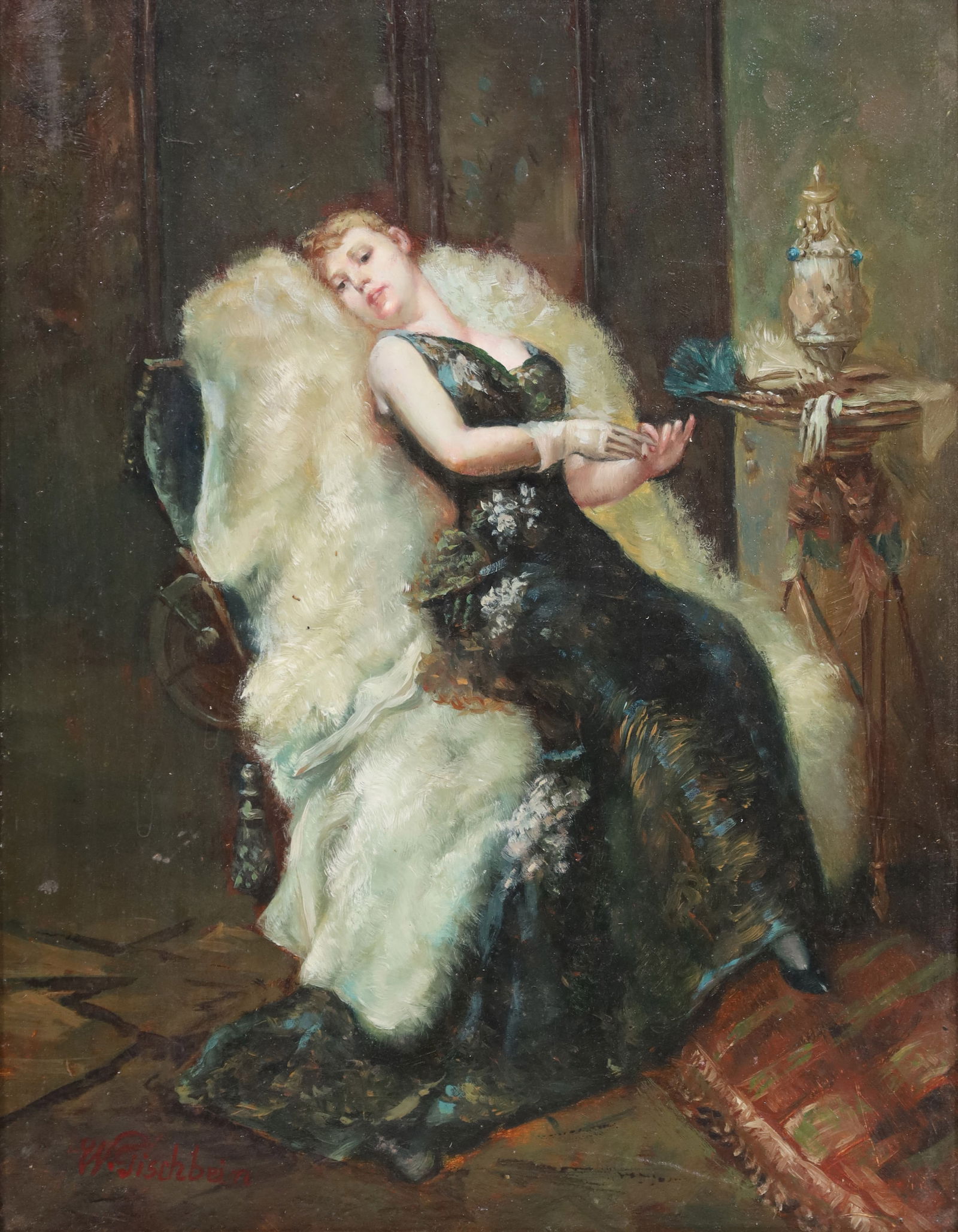 W. TISCHBEIN (XX). Lady in the Salon.: Approx. 25 cm x 20 cm. Approx. 36.5 cm x 31 cm with frame. Painting. Oil on wood panel. Delicate depiction of a festively dressed lady sitting lasciviously on a fur armchair in a salon. Signed lower l