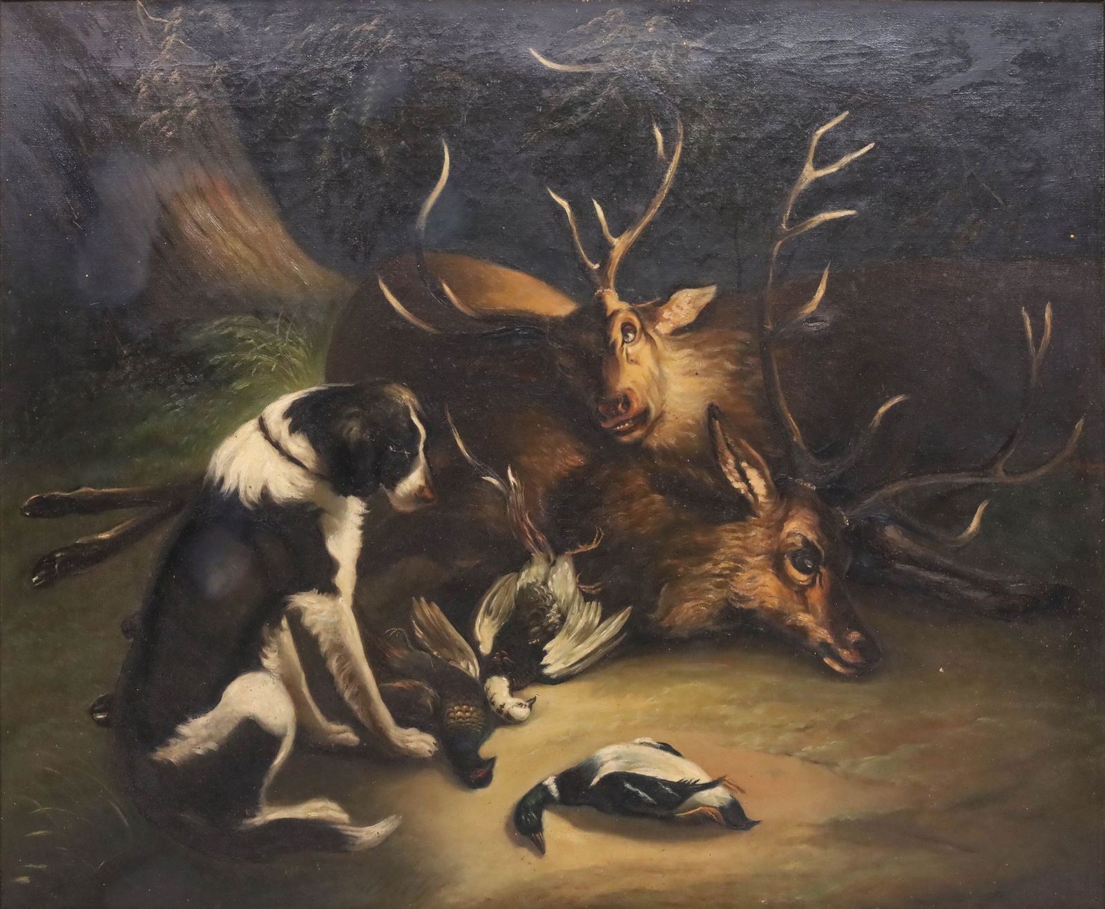 UNSIGNED (XIX). Still life. After the hunt.: Approx. 67 cm x 83 cm. Approx. 77 cm x 93 cm with frame. Painting. Oil on canvas. Hunting scene with deer and ducks and a hunting dog sitting in front. Small hole in the canvas. Colour defects. Frame