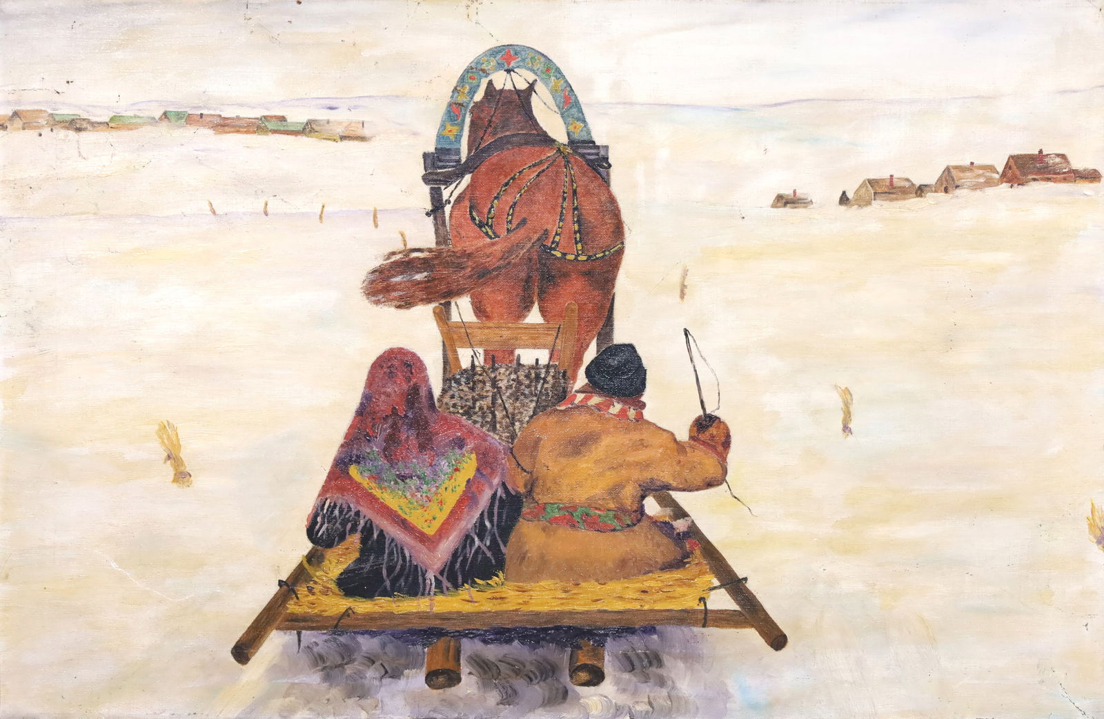 Filip Andreevic MALJAVIN (1869 - 1940) probably after. "Troika im Schnee".: Approx. 50 cm x 75 cm. Approx. 67 cm x 91 cm with frame. Painting. Oil on canvas. Depiction of a couple riding in a troika through a snowy landscape. Colour flaking. Colour defects. Restored. Frame ru