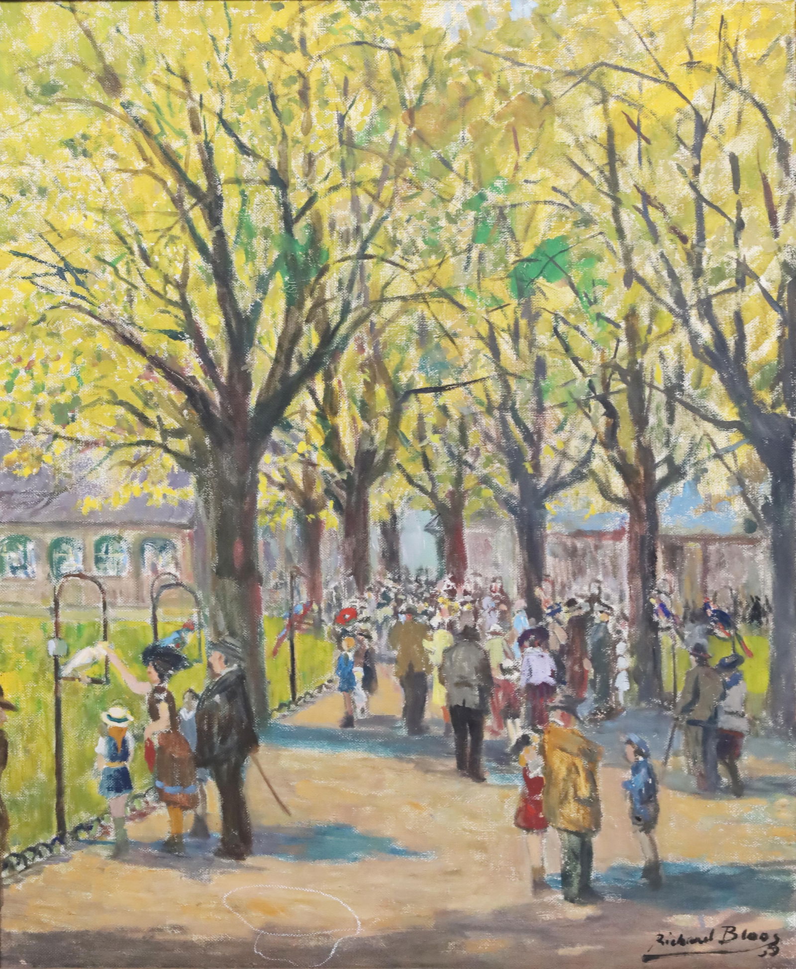 Richard BLOOS (1878–1956). ‘At the Zoo’.: Approx. 75 cm x 60 cm. Approx. 94 cm x 77 cm with frame. Painting. Oil on canvas. Spring-like impressionistic depiction of walkers on an avenue in Düsseldorf Zoo, lined on either side by exotic b
