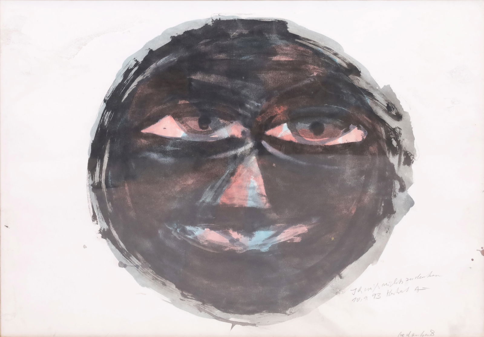 Herbert ACHTERNBUSCH (1938 - 2022). "Gedanken 8". 1993: Approx. 58 cm x 78 cm. Approx. 64 cm x 85 cm with frame. Watercolour/mixed media. From the series ‘Gedanken’ (Thoughts). Depiction of a face/head on a white background. Titled ‘Gedan