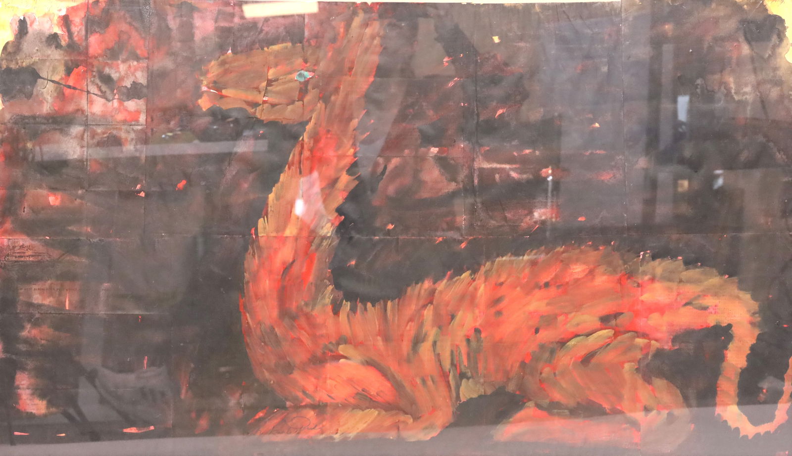 Herbert ACHTERNBUSCH (1938 - 2022). "Brav". 1992.: Approx. 60 cm x 100 cm. Approx. 70 cm x 109 cm with frame. Collage of old letters / watercolour / mixed media. ‘Tabularasa’. Depiction of a red dragon. With quotations in places. Titled &#