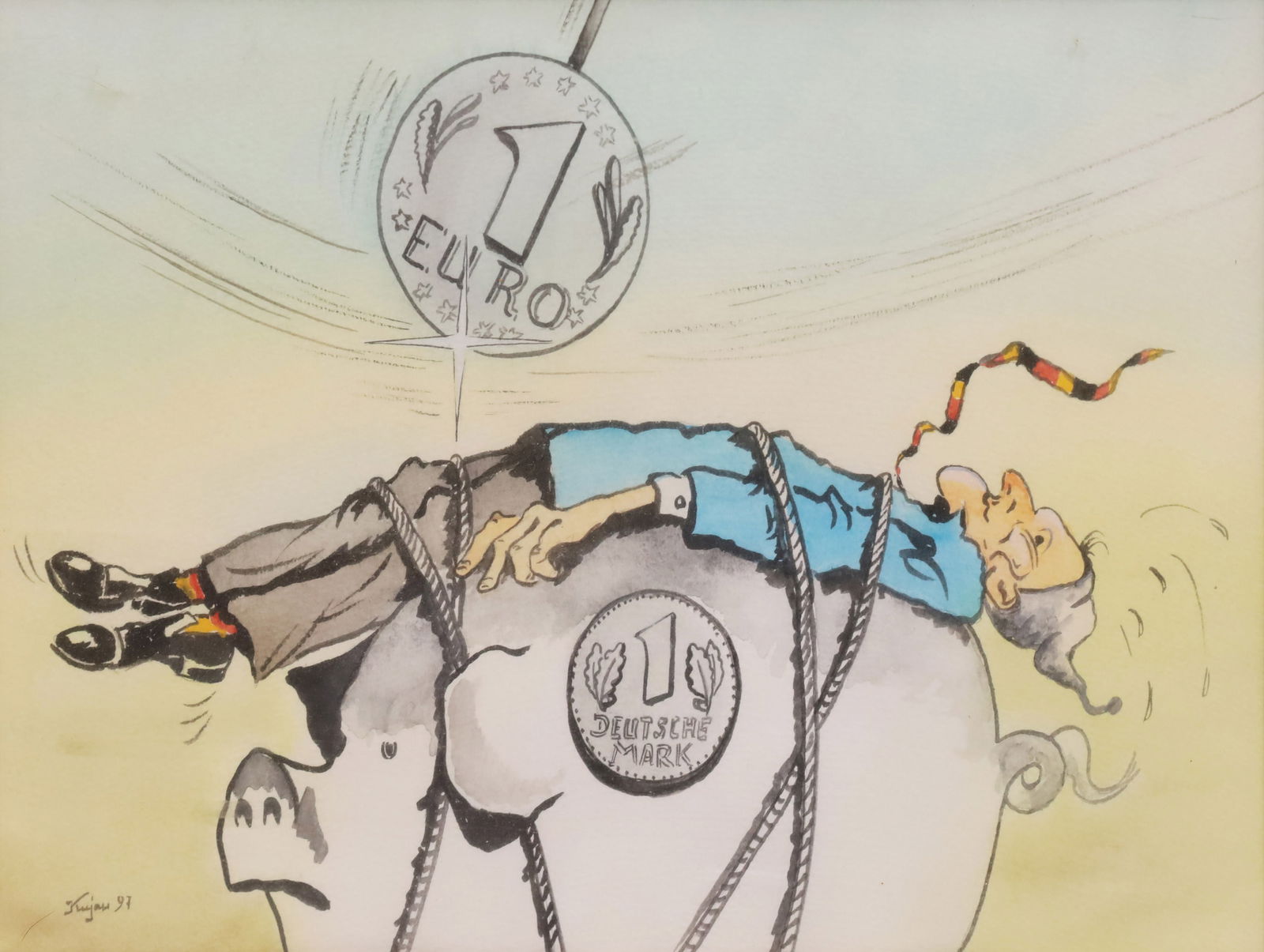 Konrad KUJAU (1938 - 2000). Cartoon. Transition from the German mark to the euro. 1991.: Approx. 21 cm x 31 cm cut-out. Approx. 54 cm x 63.5 cm with frame. Watercolour. Political caricature on the transition from the German mark to the euro in the early 2000s. It depicts a man tied backwa