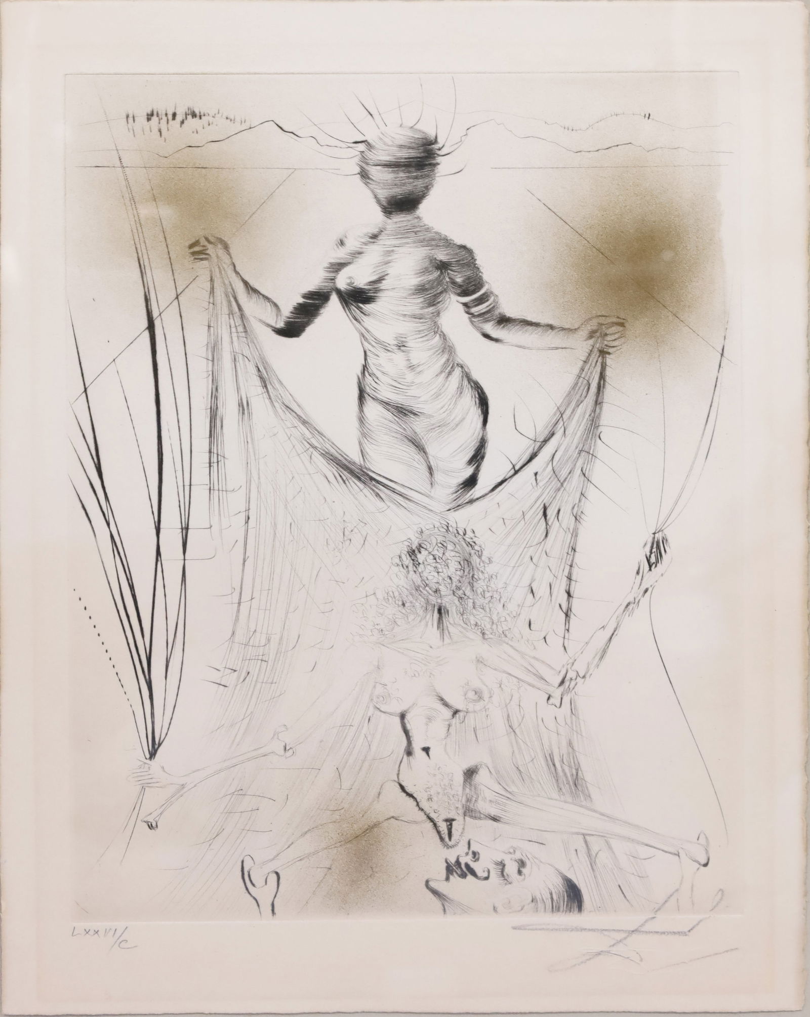Salvador DALI (1904 - 1989). "Femme tenant le voile".: Approx. 37 cm x 28 cm sheet size. Approx. 51 cm x 41 cm with frame. Drypoint etching on Japanese paper. Gold dust. From the series ‘Vénus aux fourrures’ (1969). Signed in pencil lower