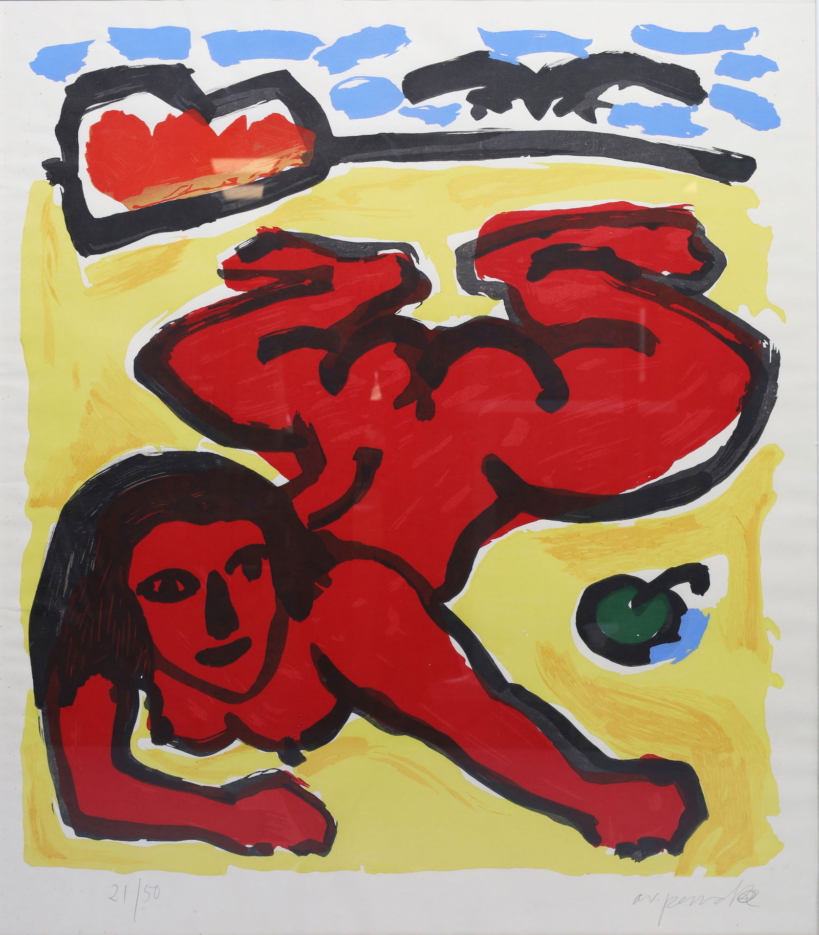 A.R. PENCK (1939 - 2017). "Honen-in-Thoughts". 1992.: Approx. 103 cm x 89 cm. Approx. 108 cm x 94 cm with frame. Colour woodcut on Japanese paper. Reclining figure in red. Hand-signed lower right. Numbered 21/50 lower left. From the series of 6 polychrom