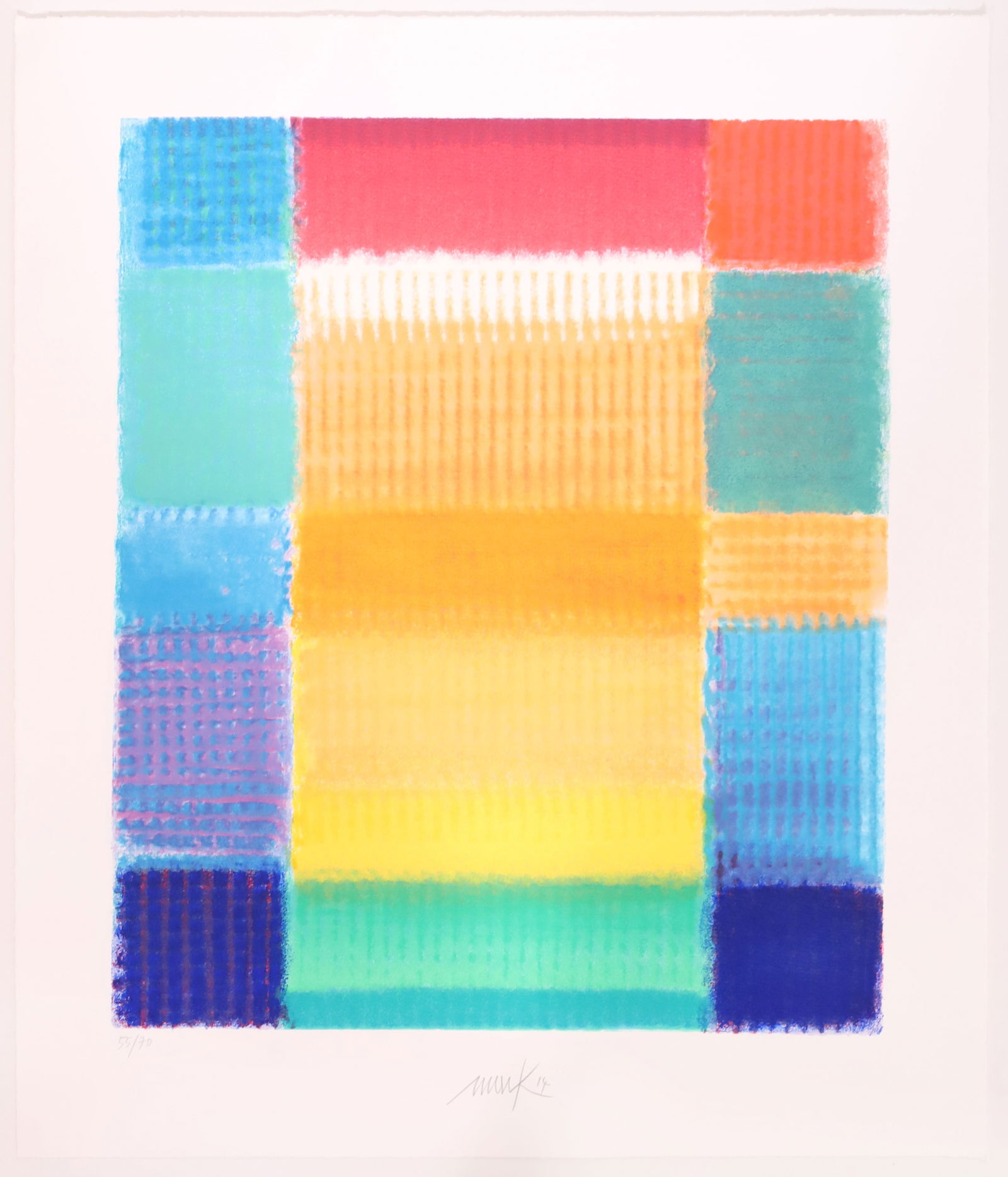 Heinz MACK (1931). "Licht im Blick". 2014.: Approx. 65 cm x 55 cm. Colour silkscreen print on handmade paper. Colour composition. Hand-signed and dated ‘(20)14’ in pencil at the bottom centre. Numbered 55/70 at the bottom left. Good