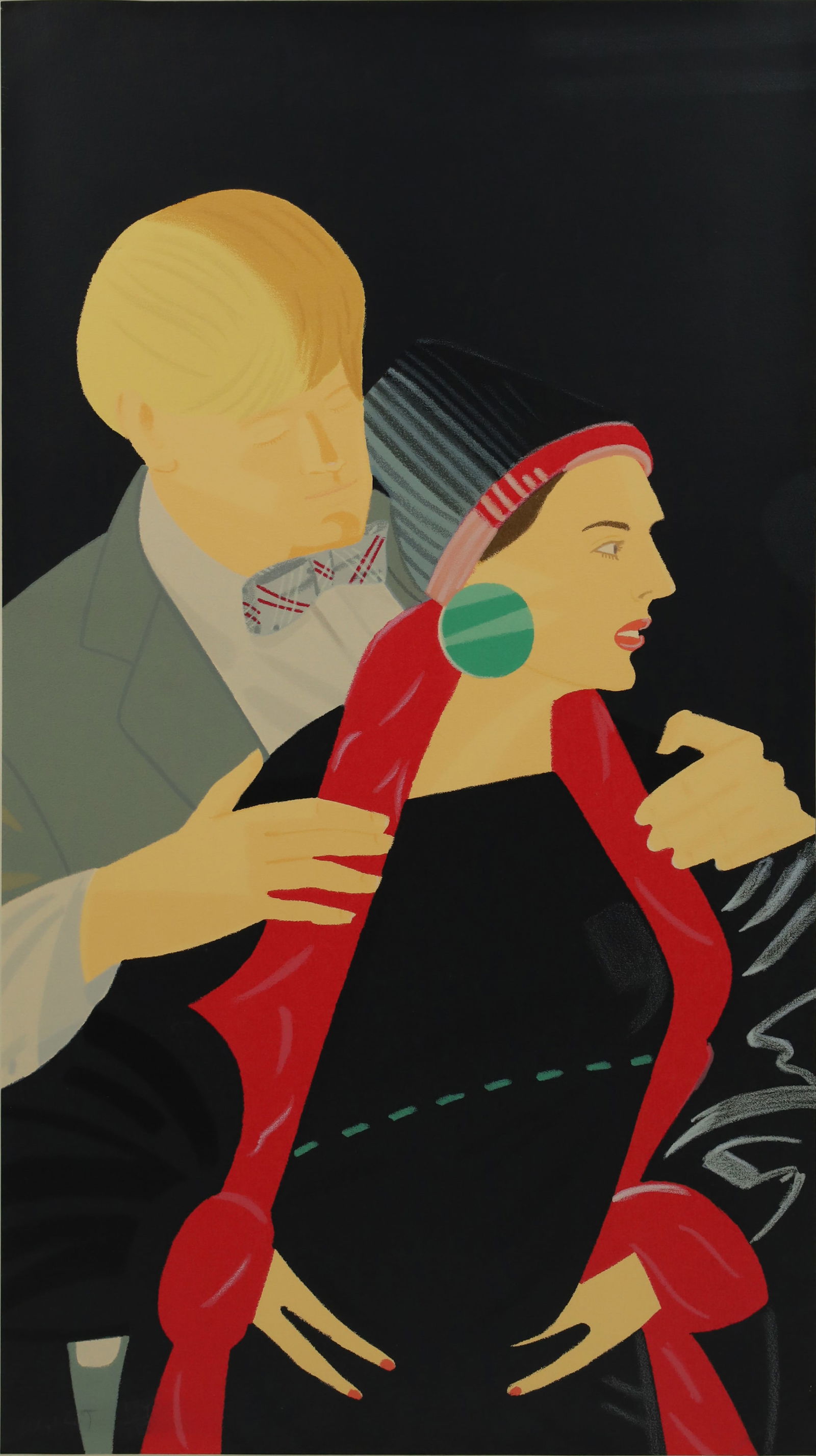 Alex KATZ (1927). "Red Grooms and Elizabeth Ross".: Approximately 90.5 cm x 50 cm (mat cut-out). Approximately 106 cm x 66 cm with mat. Colour silkscreen print on vellum. Depiction of an elegant couple. Sheet 5 of the portfolio ‘Pas de Deux’