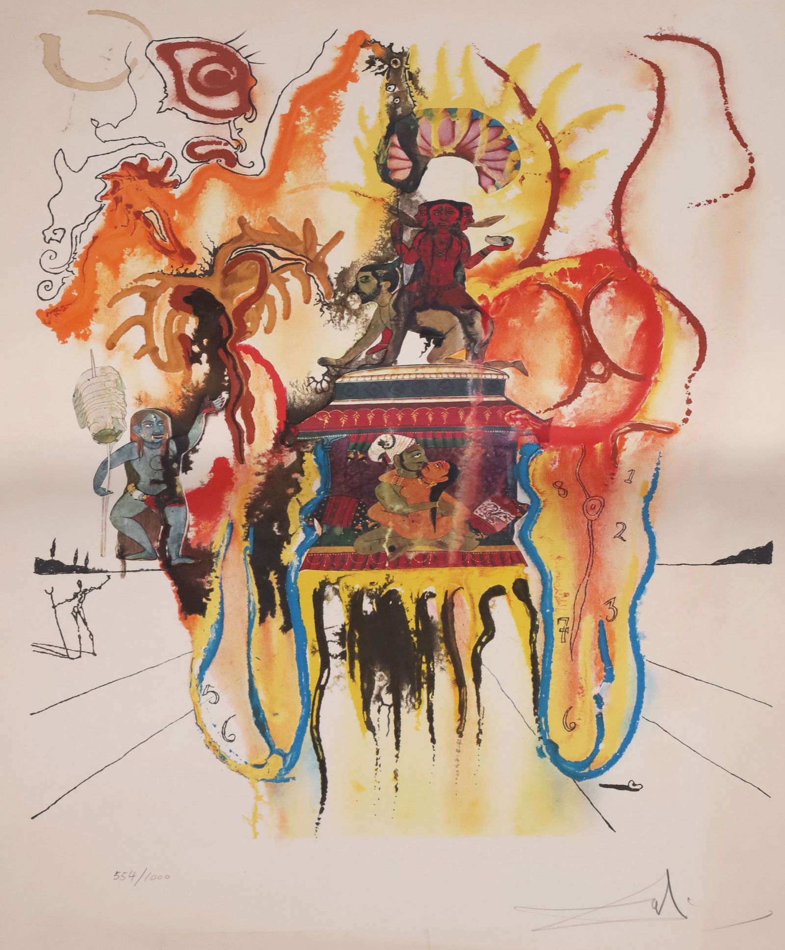 Salvador DALI (1904 - 1989). "Mystisch / Indisch".: Approx. 72 cm x 54 cm. Colour lithograph on Arches paper. ‘Mystical / Indian’ from 1973, from the series ‘Four Dreams of Paradise’. Signed lower right. Numbered lower left: 554