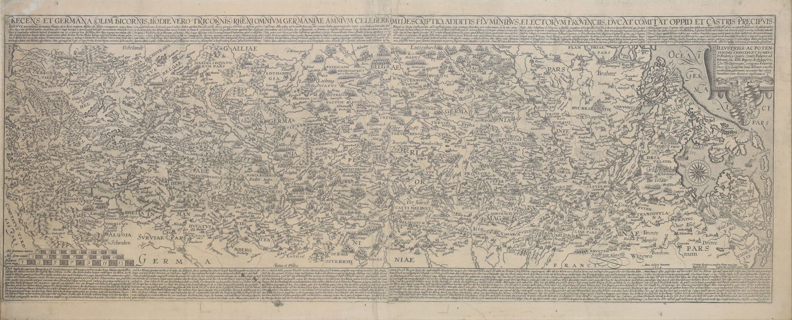 Ancient map. View of the Rhine. "Recens et Germana Bicornis...". (1 of 7)