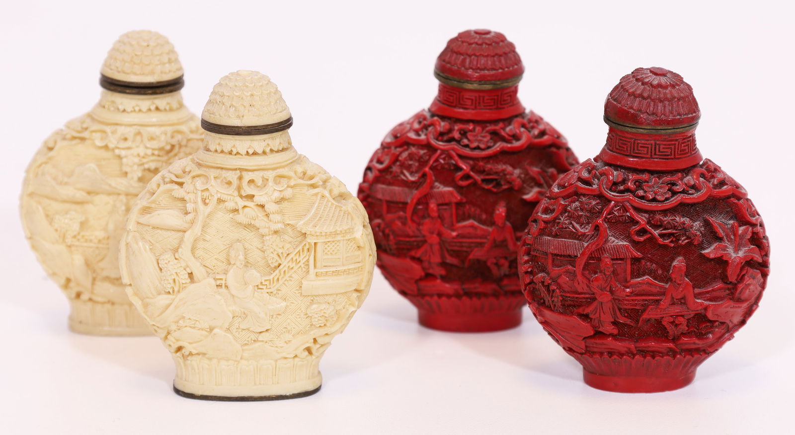 4 snuff bottles. Lacquer carving and bone. China. (1 of 15)