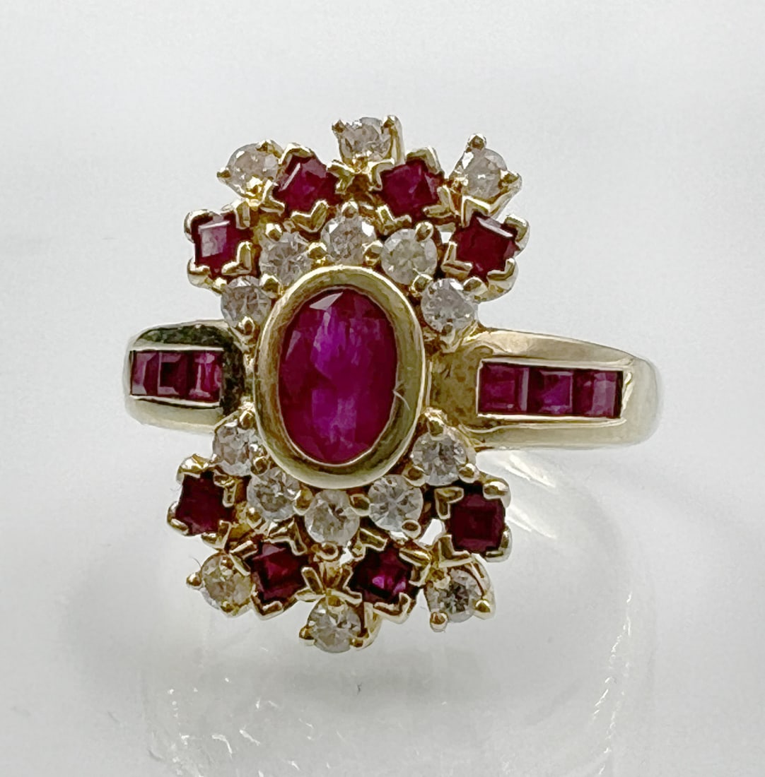 Cluster ring. 585 yellow gold with diamonds and rubies. (1 of 12)