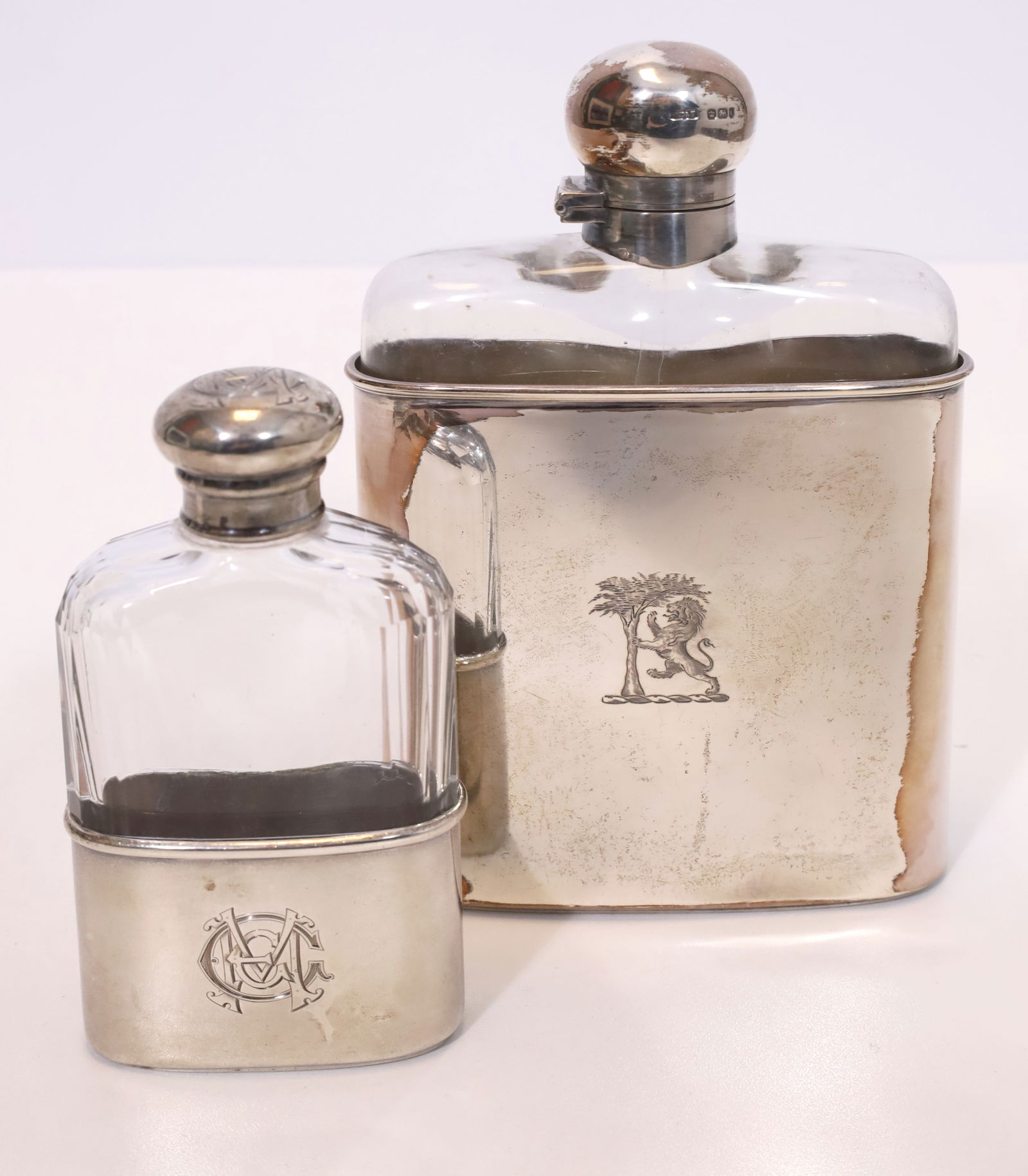 2 hip flasks. 925 silver with glass insert. London and Sheffield. England. (1 of 15)