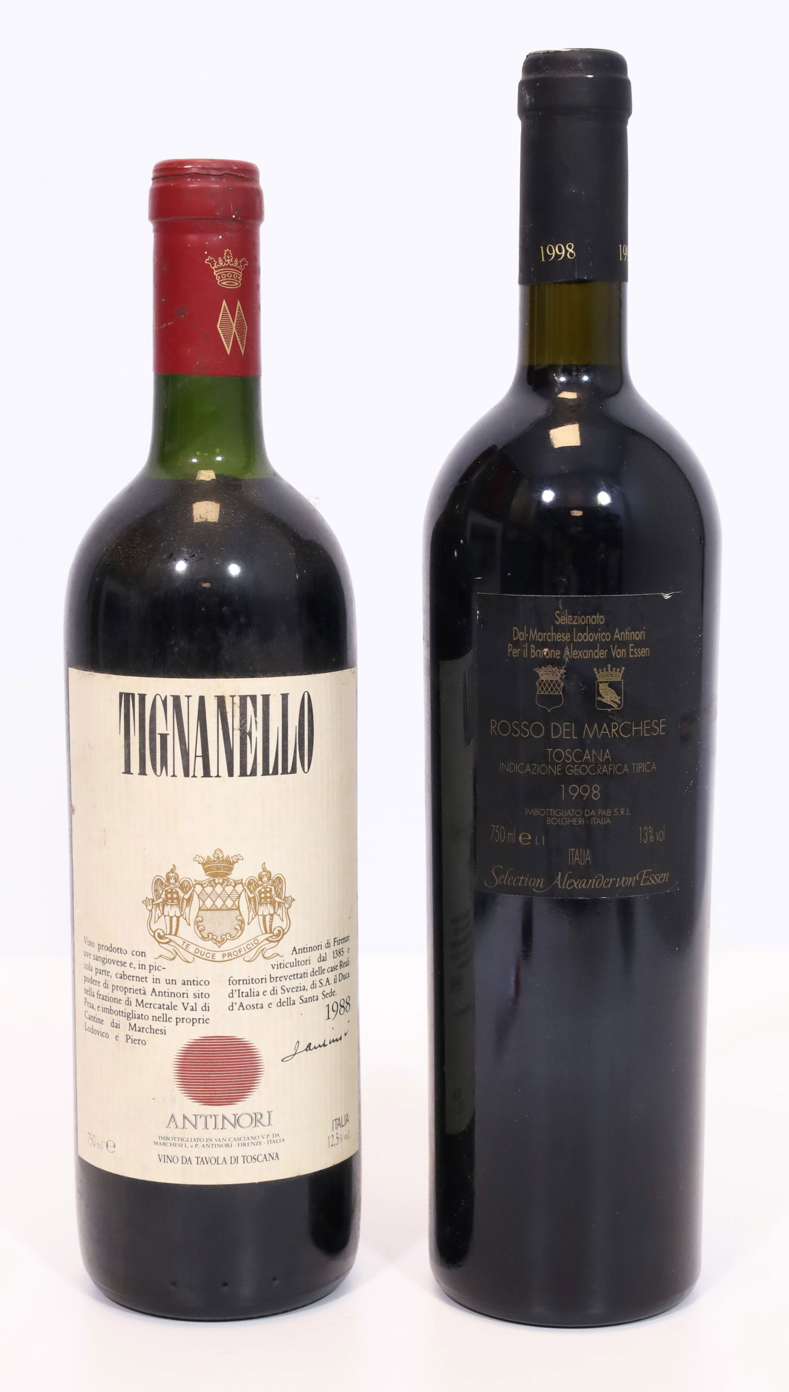 2 bottles of red wine. ANTINORI. Tignanello and Rosso del Marchese. 1988 and 1998. (1 of 9)