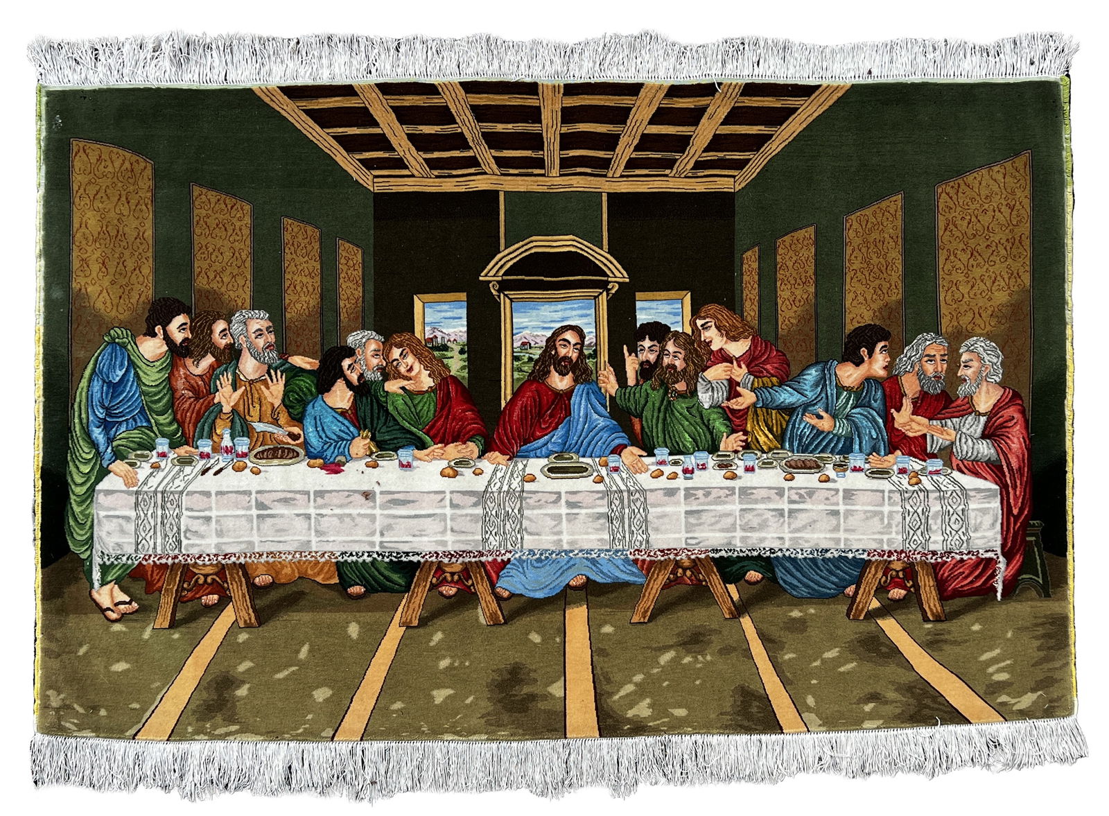 Tabriz. Tapestry. Fine. Approx. 122 cm x 174 cm. Circa 1990.: Oriental carpet. Iran. Persian carpet. Hand-knotted. Cork wool on silk. Motif: Last Supper. Moth damage. Condition: see photos. Category: Carpets and textiles