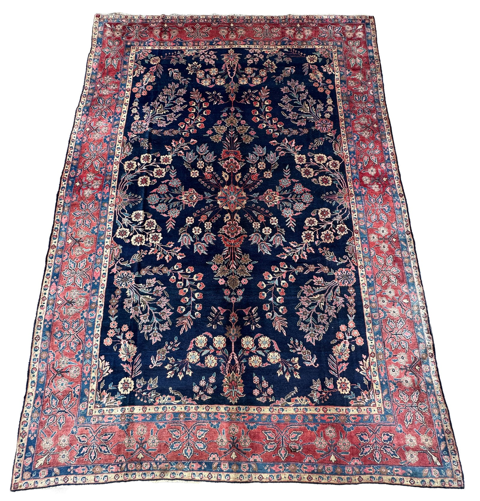 US reimport Sarough Mohajeran. Approx. 370 cm x 267 cm. Circa 1900.: Oriental carpet. Iran. Persian carpet. Hand-knotted. Cork wool on cotton. Fine workshop carpet from the Mohajeran factory. Good condition considering its age. See photos. Category: Carpets and textile