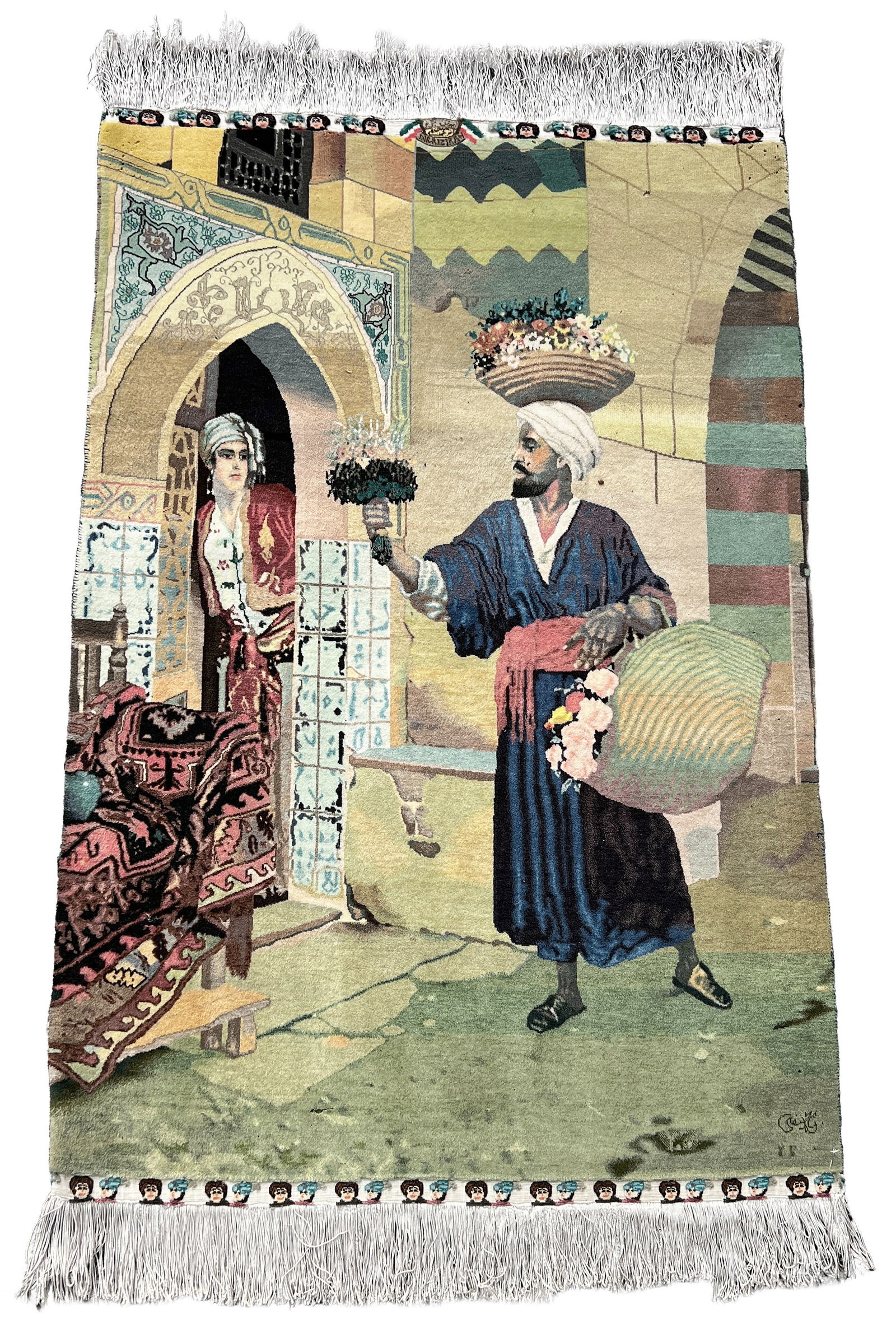 Tabriz. Tapestry. Fine. Signed. Approx. 122 cm x 174 cm. Circa 1990.: Oriental carpet. Iran. Persian carpet. Hand-knotted. Cork wool on silk, decorated with silk. Signed at the top and bottom. Motif: Flower seller. Moth damage. Condition: see photos. Category: Carpets a