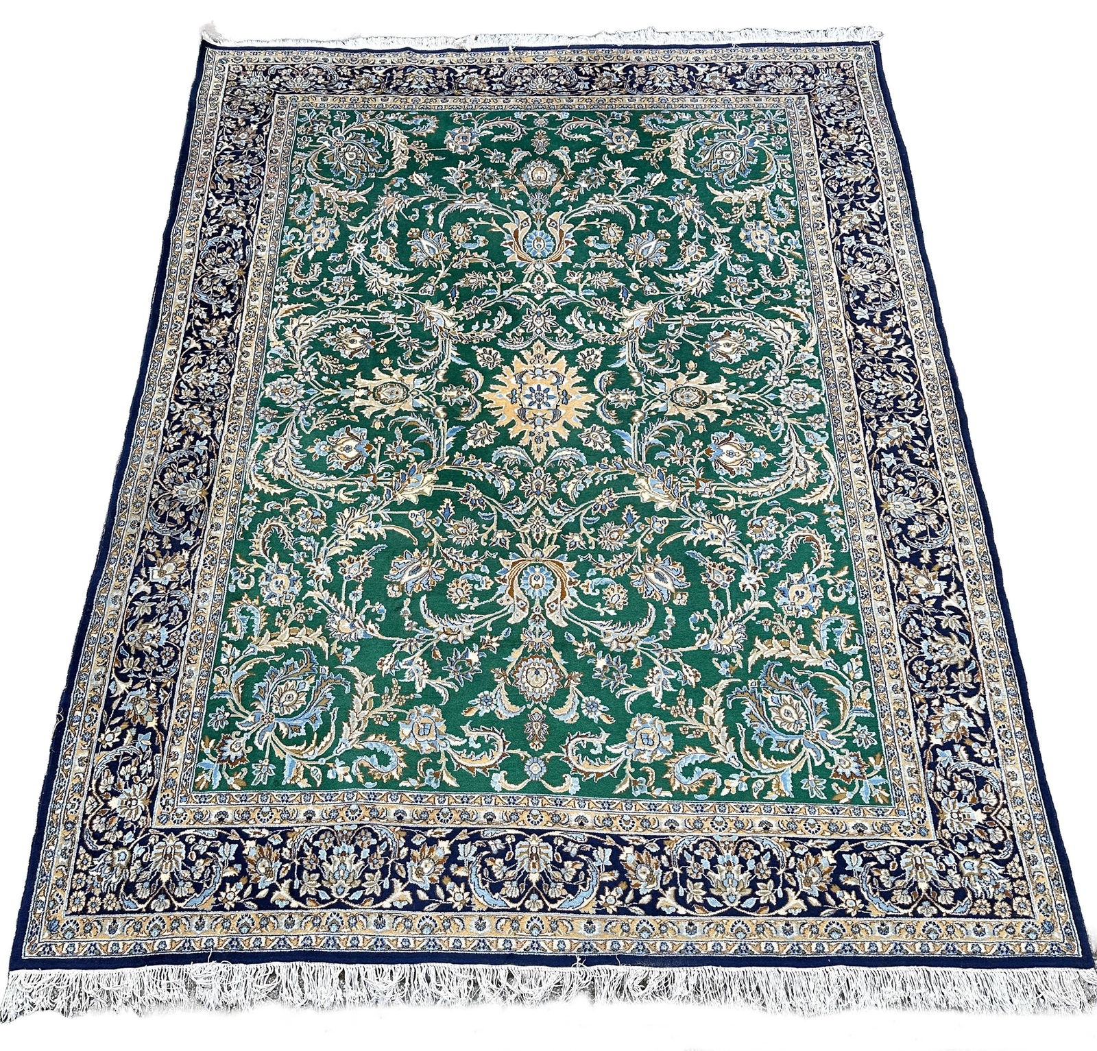 Kirmán. Approx. 390 cm x 305 cm. Circa 1980.: Oriental carpet. Iran. Persian carpet. Hand-knotted. Wool on cotton. Beautiful green background colour. Good condition considering its age. See photos. Category: Carpets and textiles